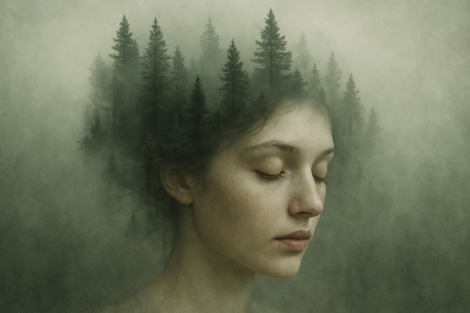 A serene face seamlessly melds with a misty forest of tall trees, crafting a dreamlike atmosphere