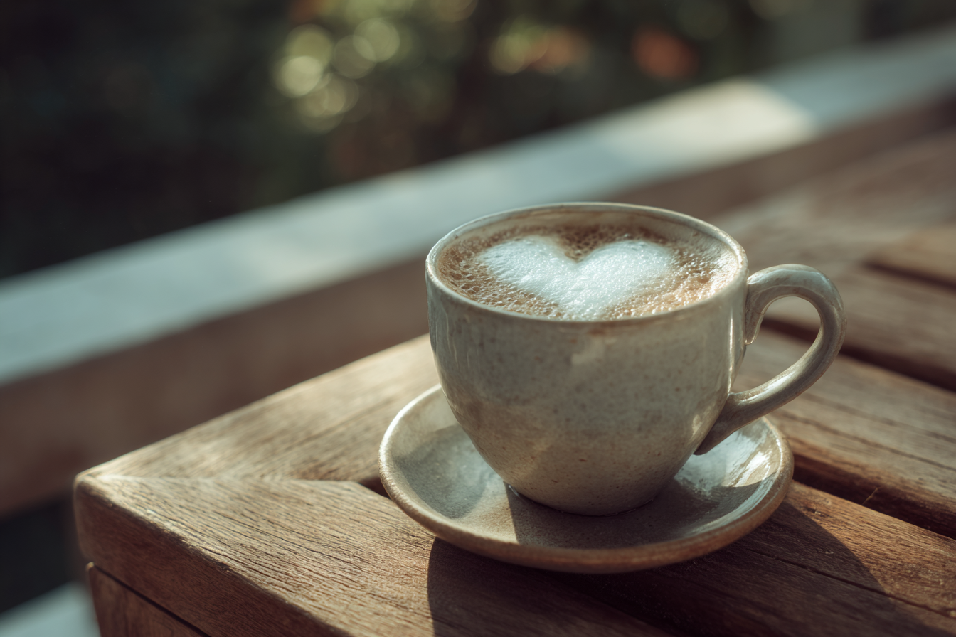 Uma xícara de café com espuma em forma de coração, repousando sobre uma mesa de madeira iluminada pela luz suave do sol. O fundo apresenta um ambiente natural desfocado, ideal para momentos de relaxamento e apreciação do café.