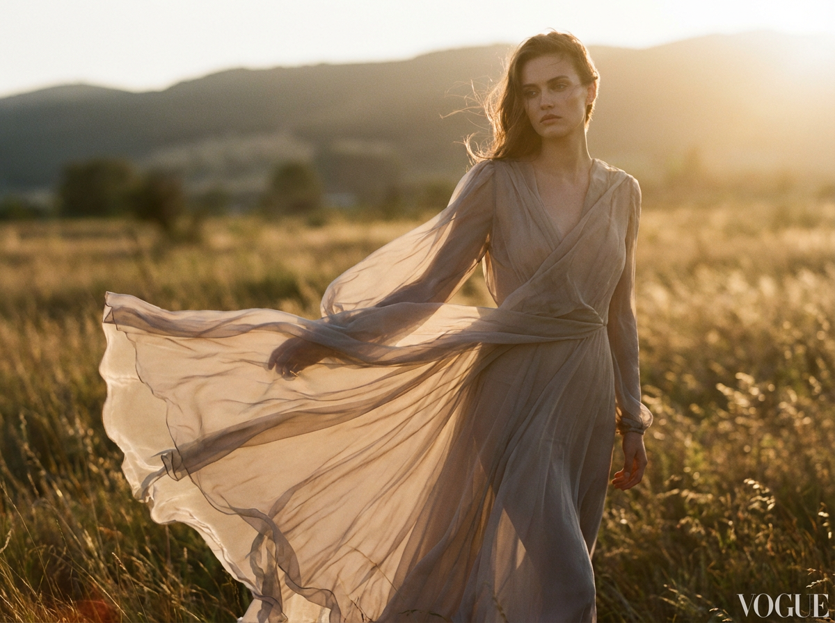A woman in a flowing, delicate dress stands gracefully in a sunlit meadow