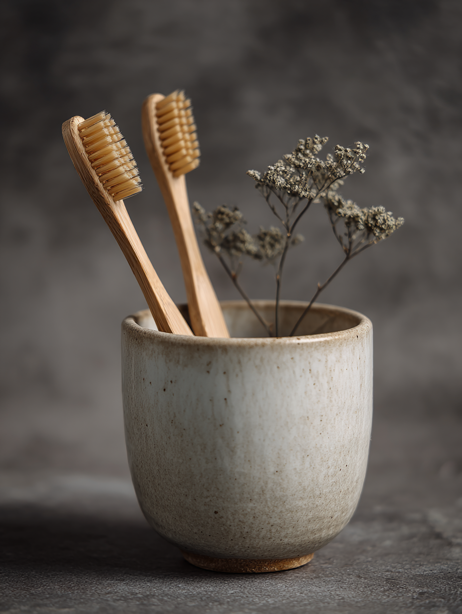 Um par de escovas de dentes de bambu em um copo de cerâmica com flores secas, capturado em um estilo minimalista e sustentável, transmitindo tranquilidade e consciência ecológica.
