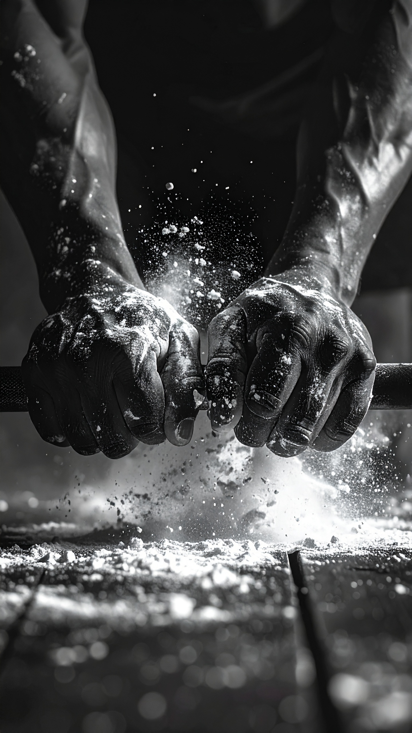 Powerful hands grip a barbell, chalk dust exploding in dramatic intensity