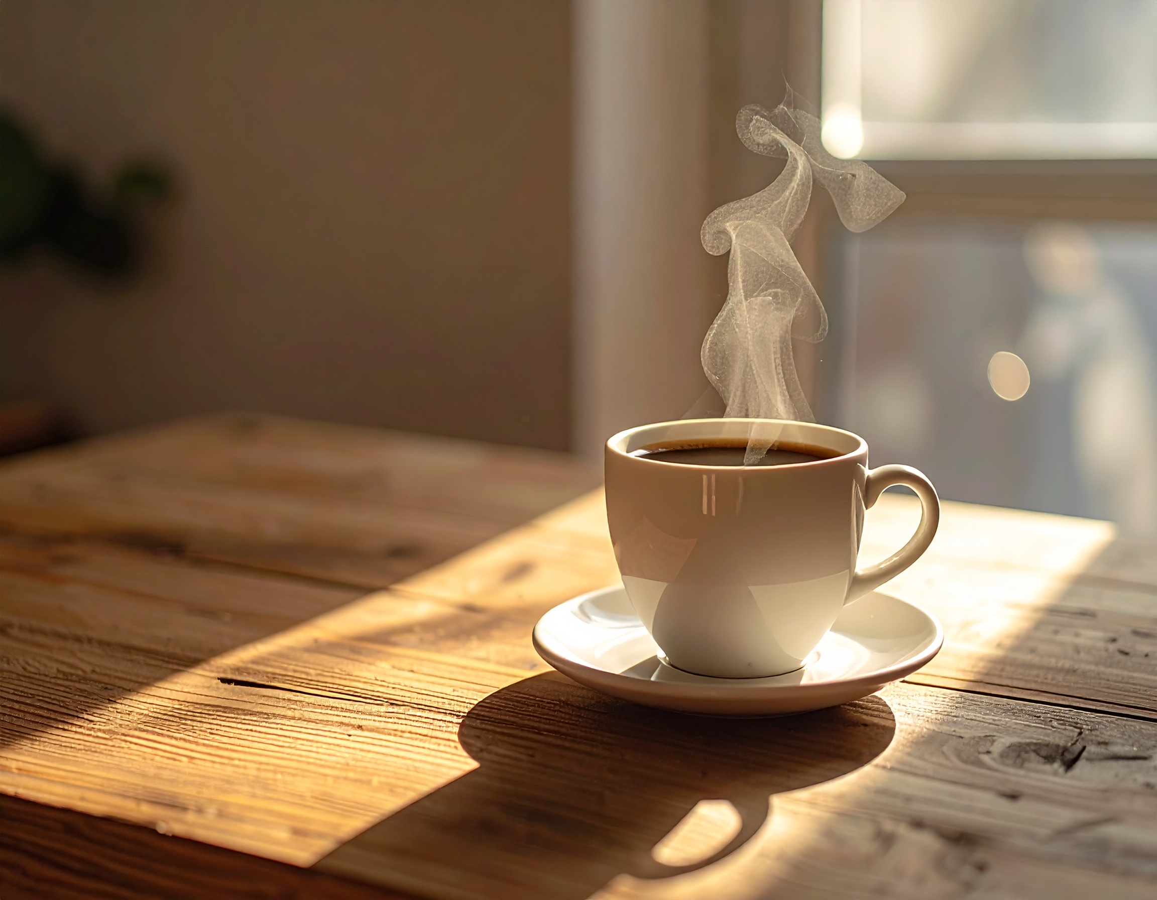 Steaming Coffee Cup on Wooden Table