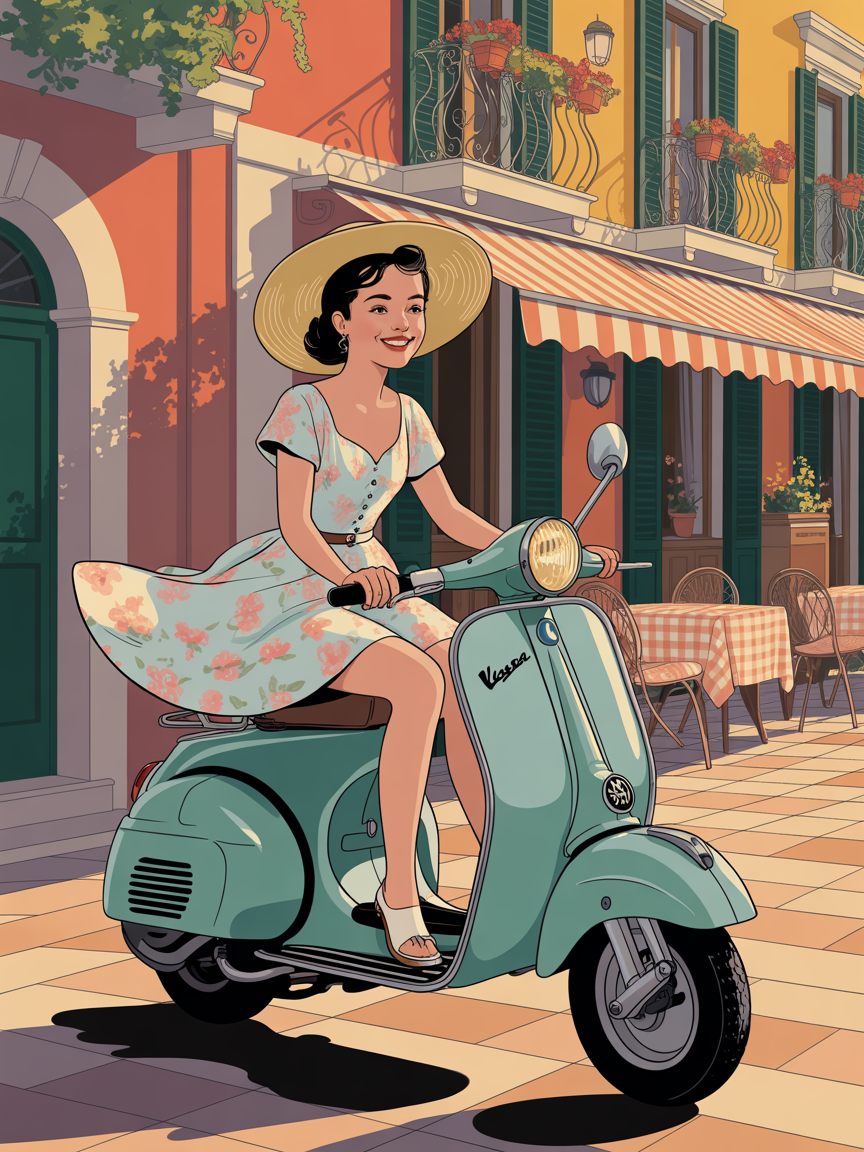 Smiling Woman in Floral Dress Riding Vintage Vespa