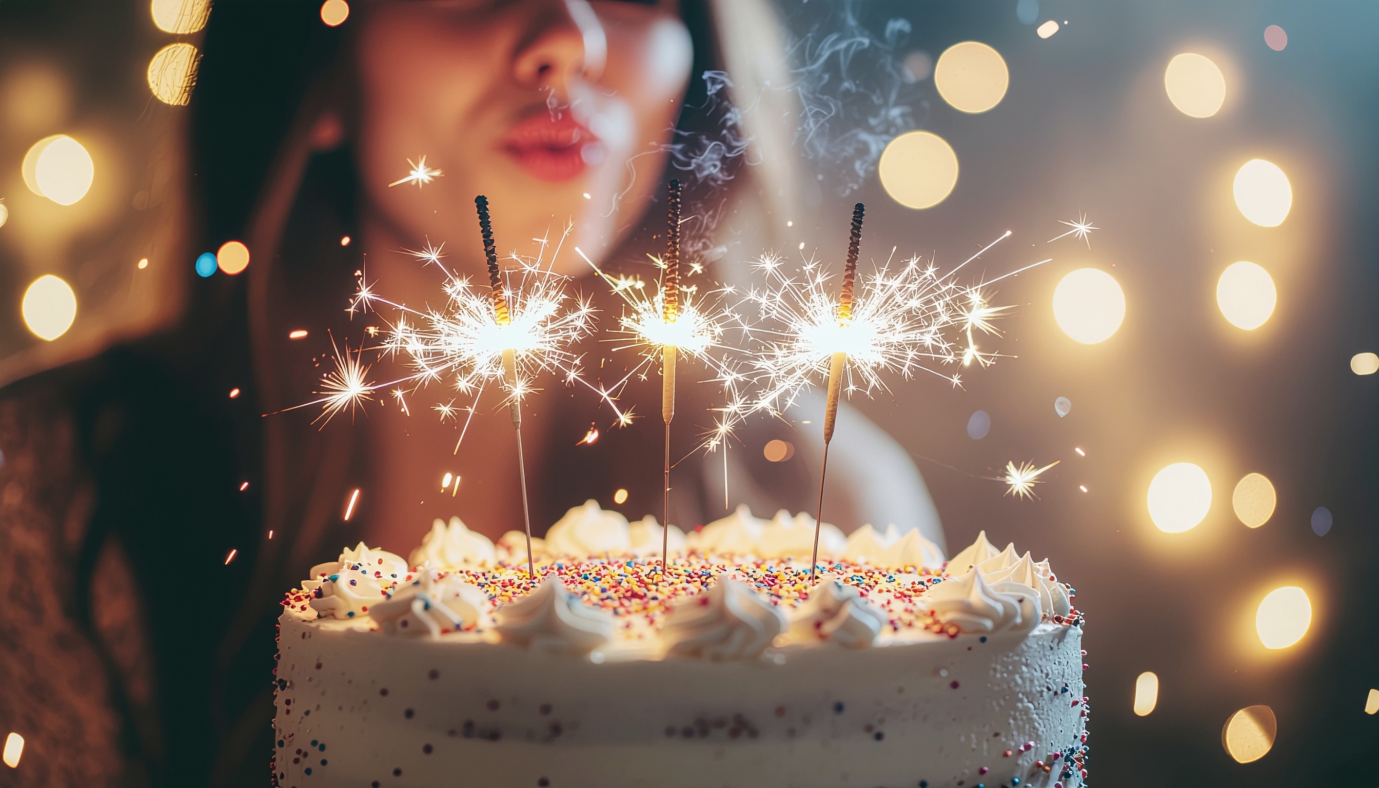 Uma mulher assopra velas fogos de artifício em um bolo de aniversário decorado com chantilly e confeitos coloridos. A cena é iluminada por luzes suaves e cintilantes, criando uma atmosfera festiva e mágica. O foco está nas faíscas brilhantes dos fogos, enquanto o fundo desfocado adiciona um efeito bokeh encantador.