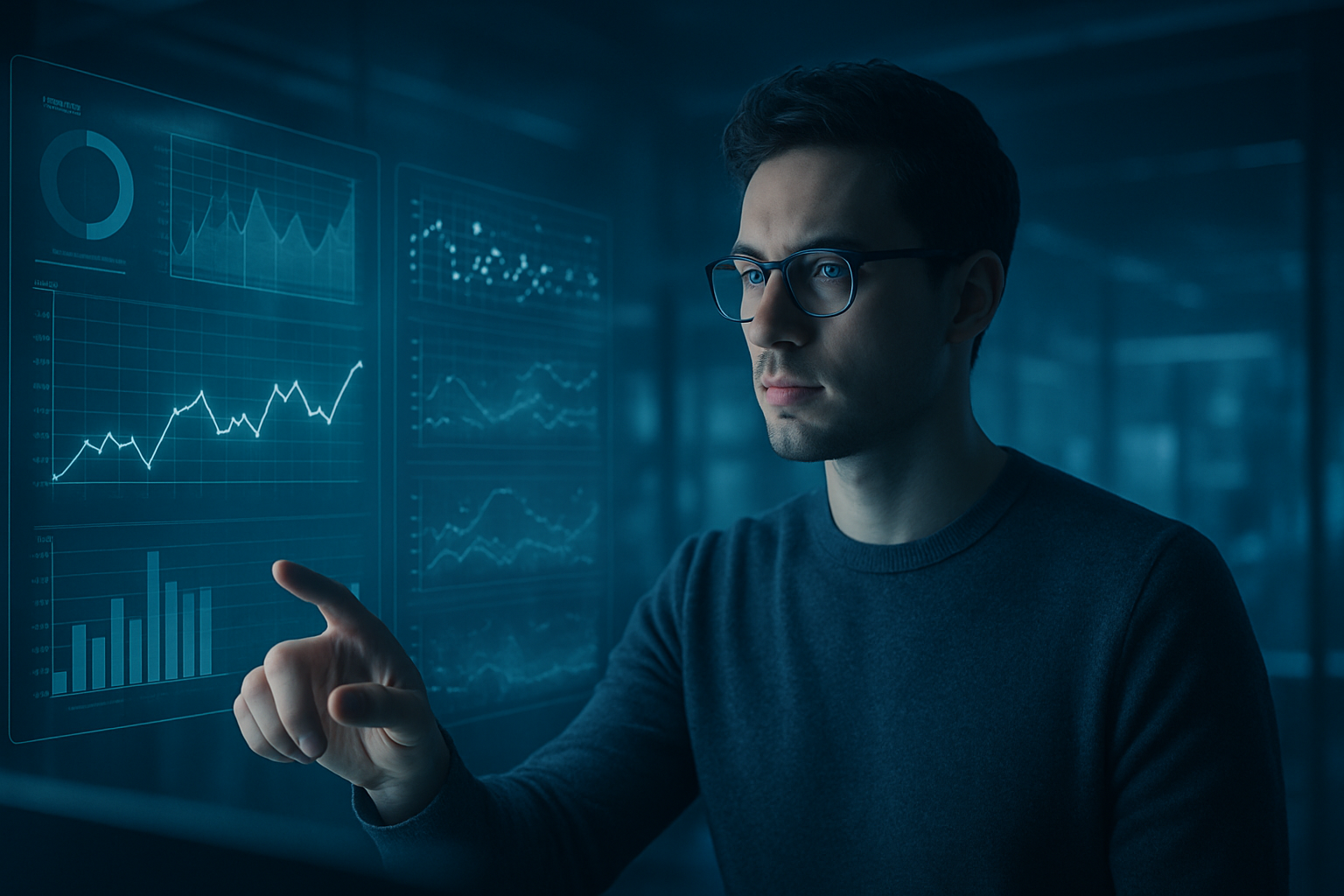 A imagem apresenta um ambiente digital com uma paleta de cores frias, predominantemente em tons de azul, destacando gráficos e dados em um fundo levemente desfocado. Um homem com óculos e uma expressão concentrada interage com uma tela holográfica, tocando-a com um dedo. Os gráficos exibem tendências e estatísticas, sugerindo um contexto de análise ou tecnologia.