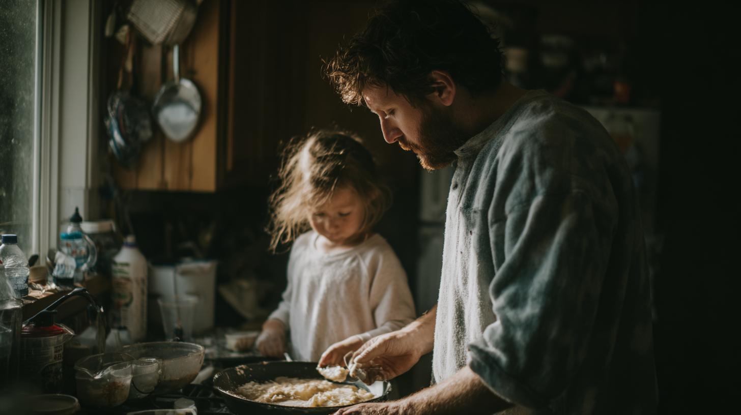 Pai e filha cozinhando juntos na cozinha, com foco em atividade de culinária e momentos familiares. O pai está preparando uma refeição enquanto a filha observa atentamente, cercados por utensílios de cozinha e ingredientes.