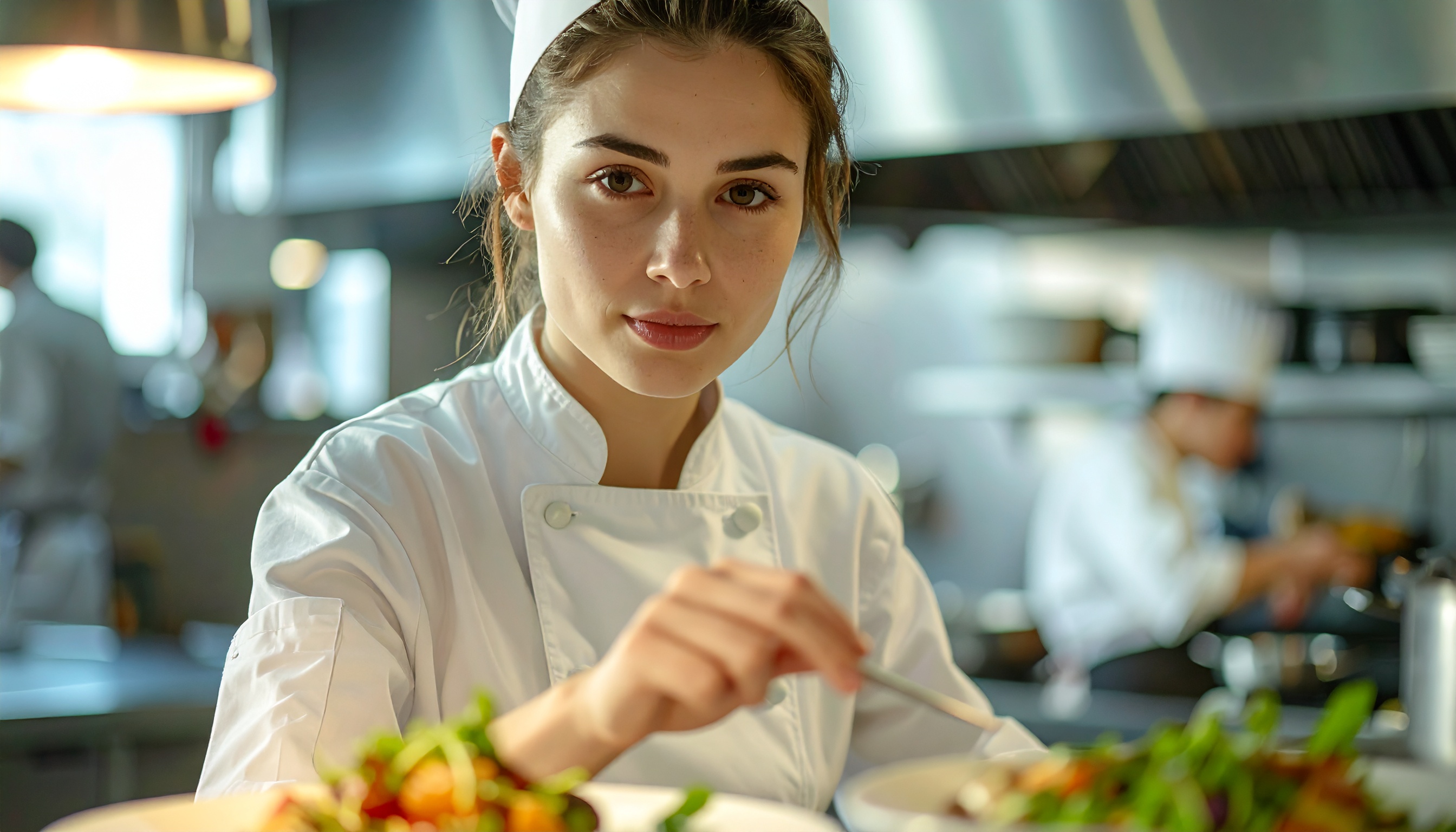 A young chef in a bustling kitchen prepares a gourmet meal with precision