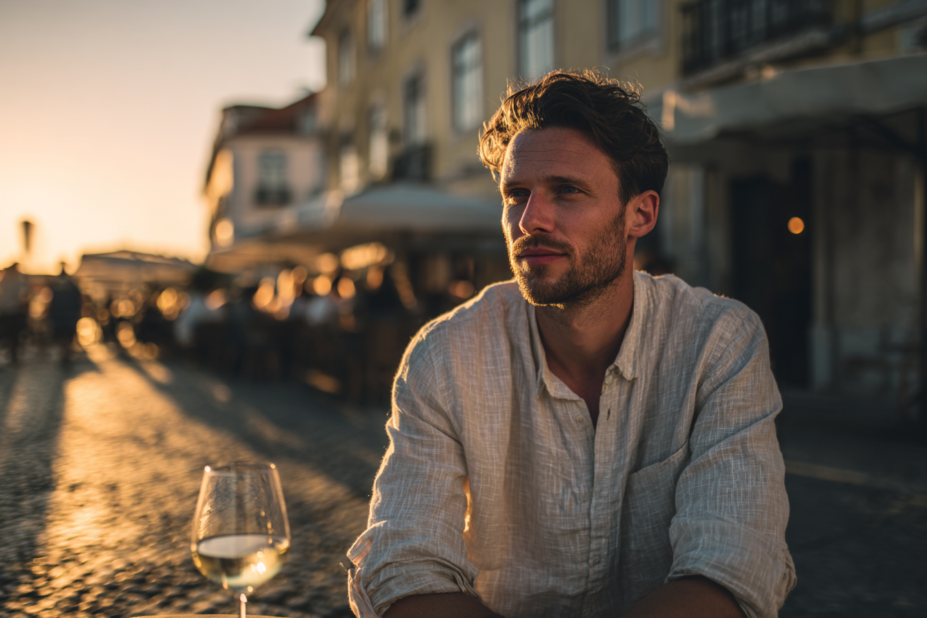 Um homem relaxando em um restaurante ao ar livre durante o pôr do sol, com um copo de vinho branco à sua frente, em uma rua de paralelepípedos. O cenário é iluminado por uma luz suave, criando uma atmosfera tranquila e acolhedora.