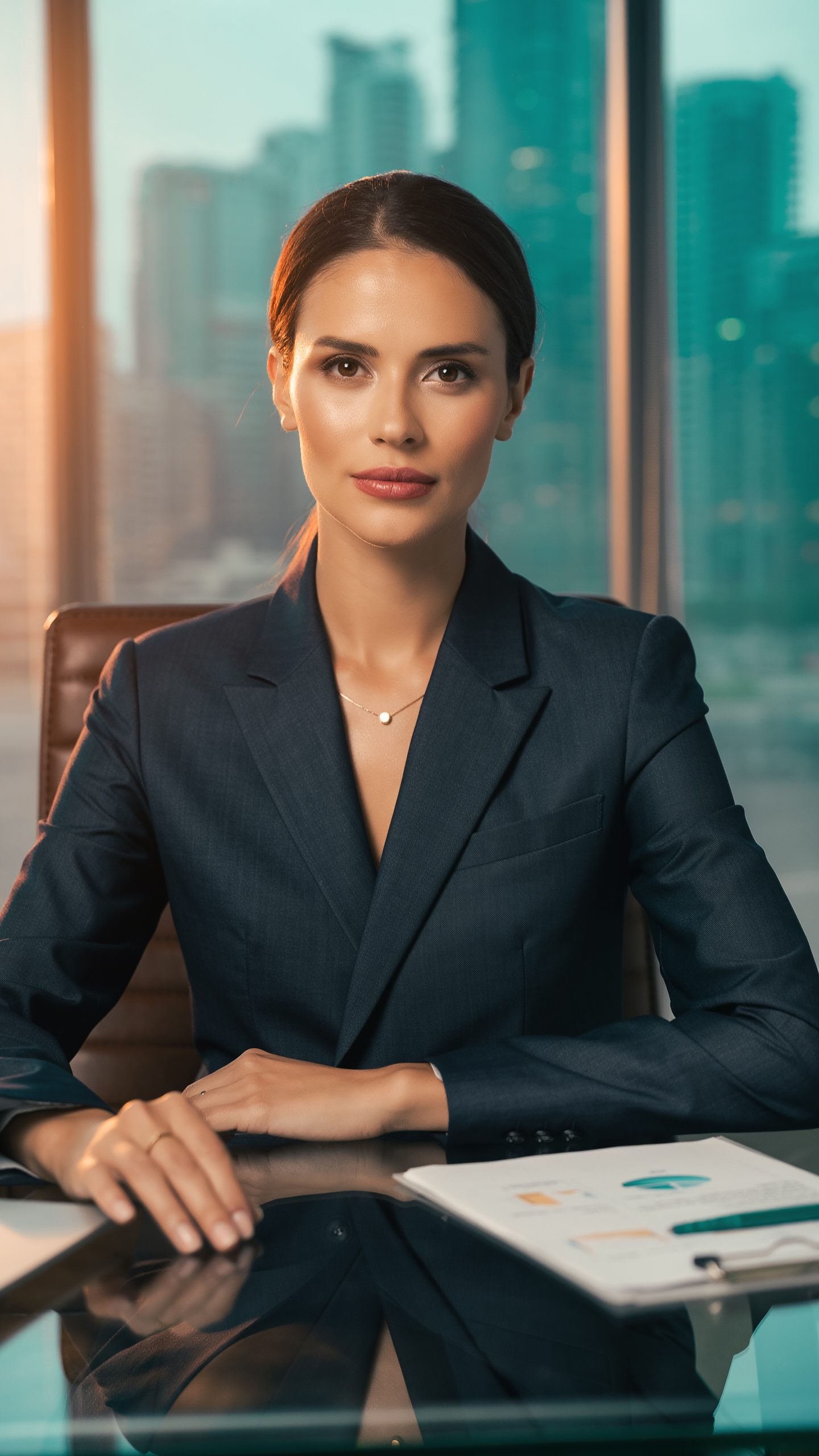 Confident professional woman in formal attire sits at a glass desk in a modern office