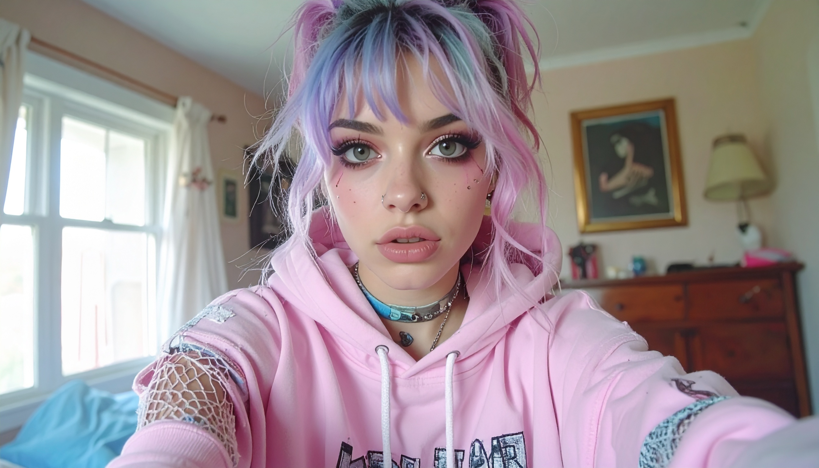 A young woman with colorful pastel hair takes a selfie in a cozy room