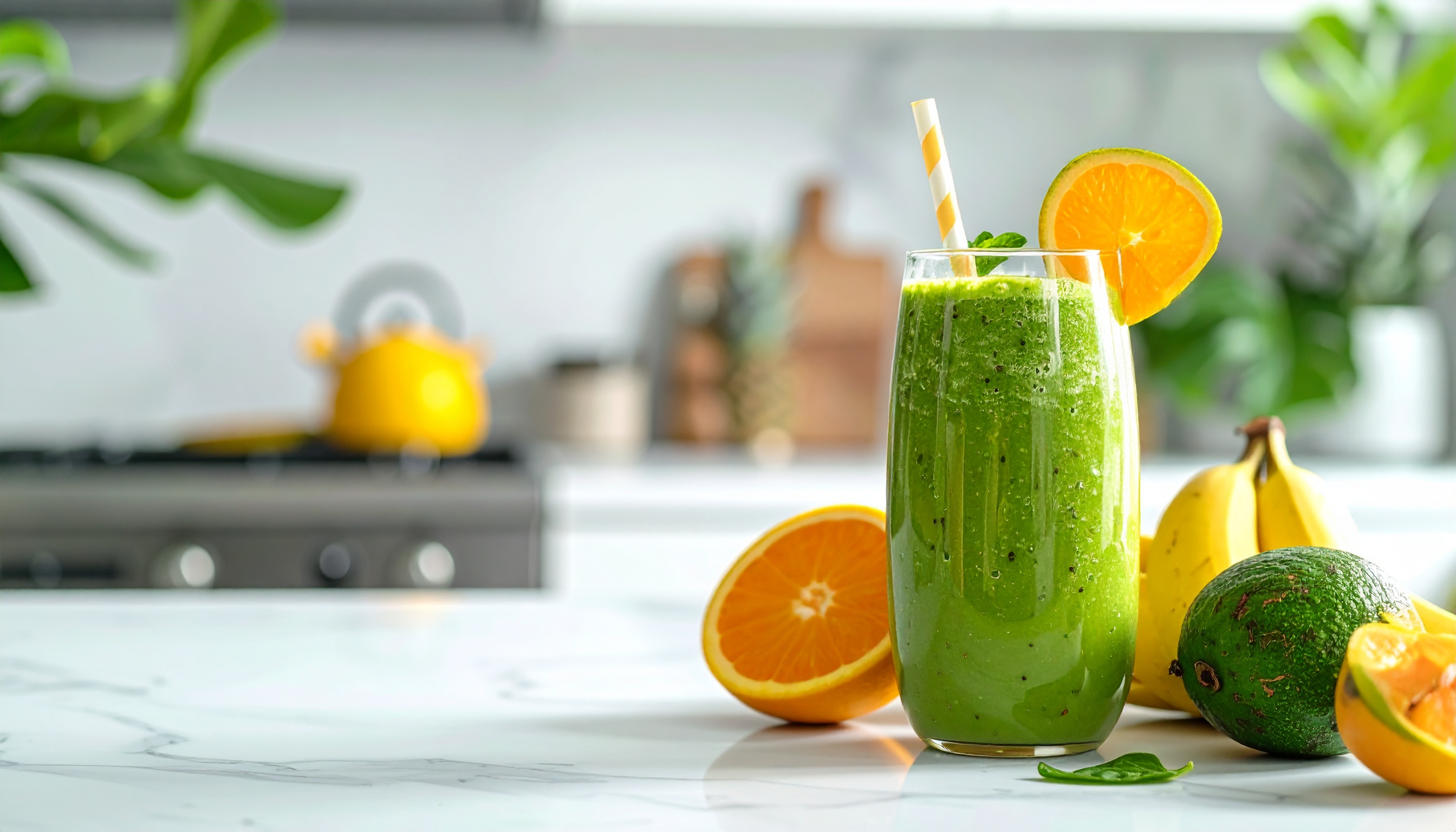 Cena vibrante de cozinha com um smoothie verde em copo alto decorado com fatia de laranja, rodeado por frutas frescas como abacate, banana e laranja sobre bancada de mármore branco, iluminação natural e composição minimalista.