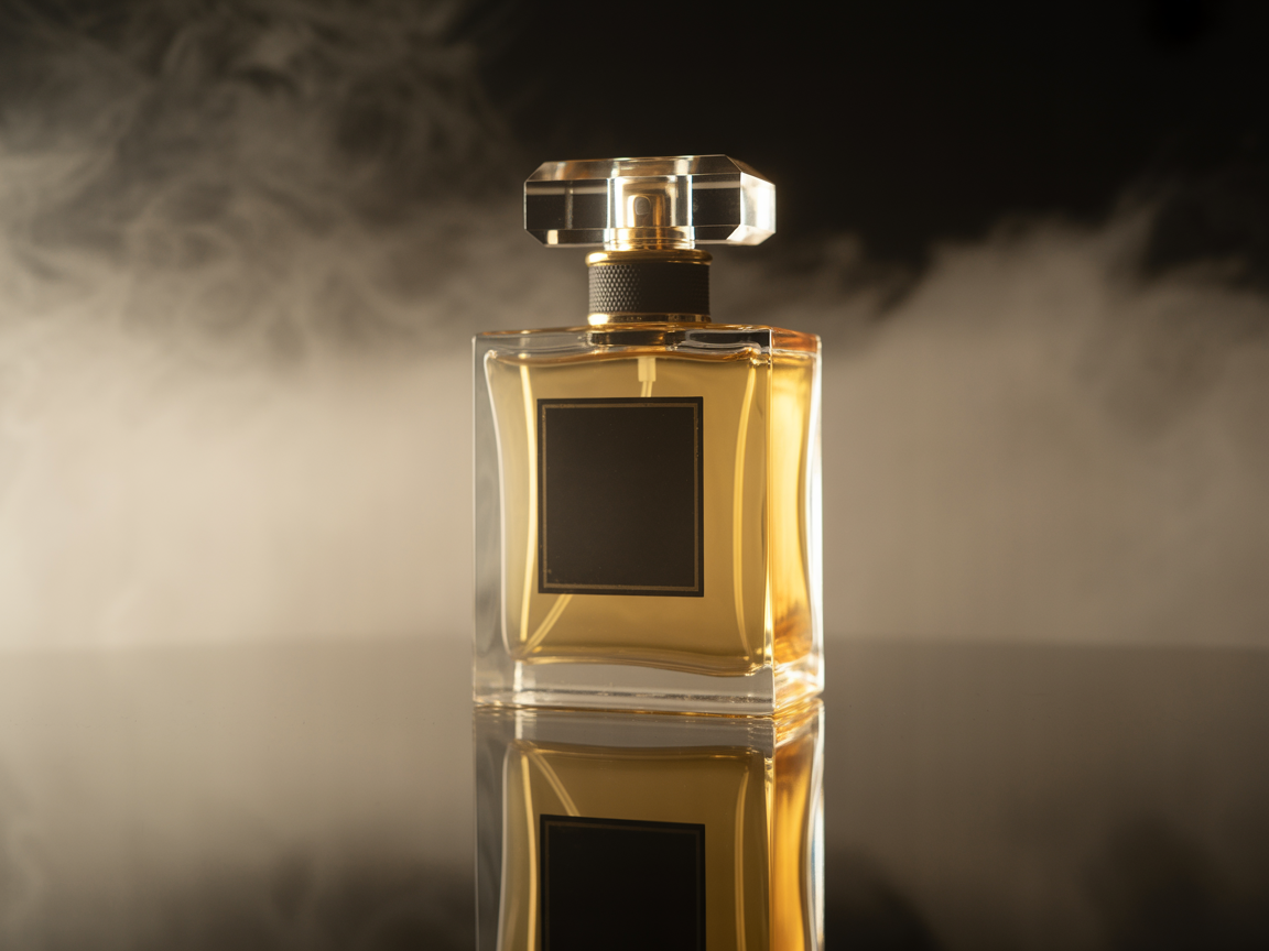 Elegant perfume bottle with a golden hue set against a smoky black background