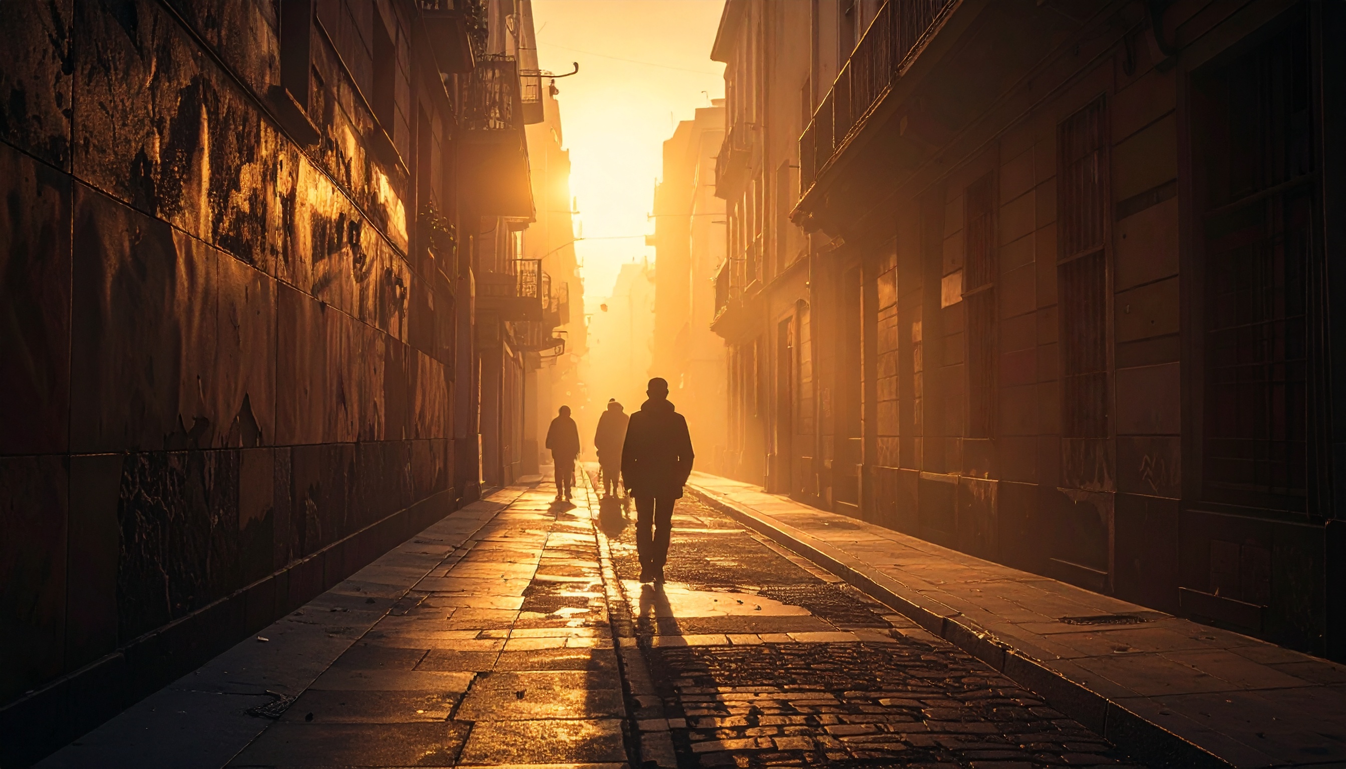 Golden sunlight bathes a narrow urban street, casting long shadows of pedestrians