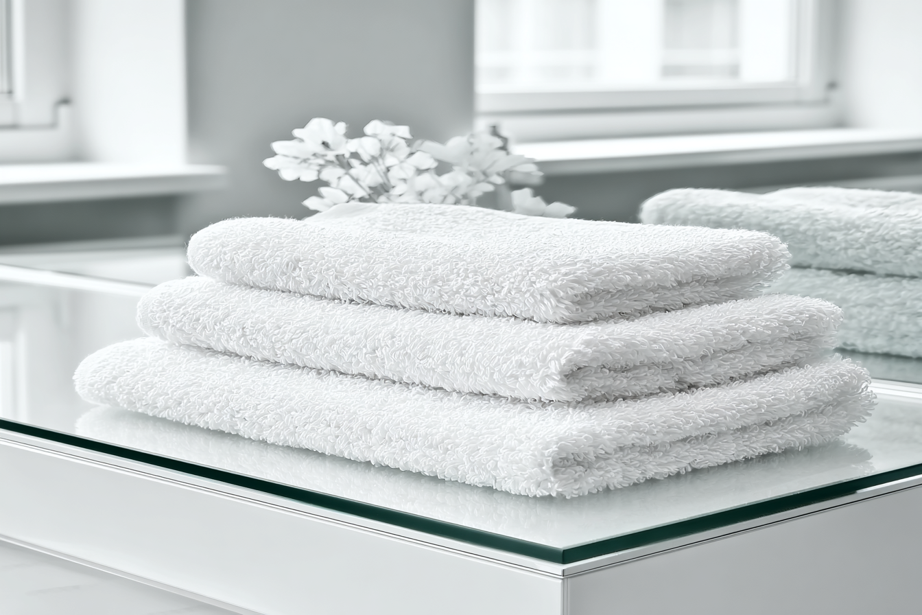 Três toalhas brancas felpudas estão delicadamente empilhadas sobre uma superfície de vidro em um banheiro moderno, com flores brancas ao fundo. A iluminação suave realça a textura das toalhas, criando uma atmosfera de limpeza e conforto. A composição minimalista e simétrica traz elegância e tranquilidade ao ambiente, refletido parcialmente no espelho ao lado.