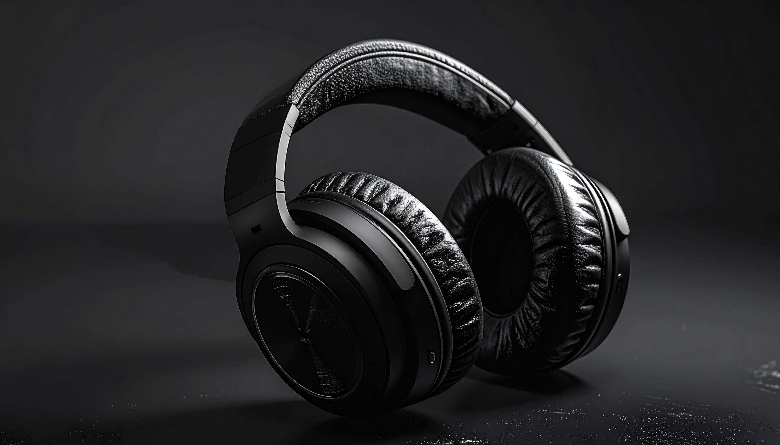 Fones de ouvido pretos de design moderno em fundo cinza escuro, destacando-se pela iluminação suave que acentua o brilho e a textura do couro das almofadas. A composição minimalista e o ângulo levemente inclinado criam uma atmosfera sofisticada e tecnológica.