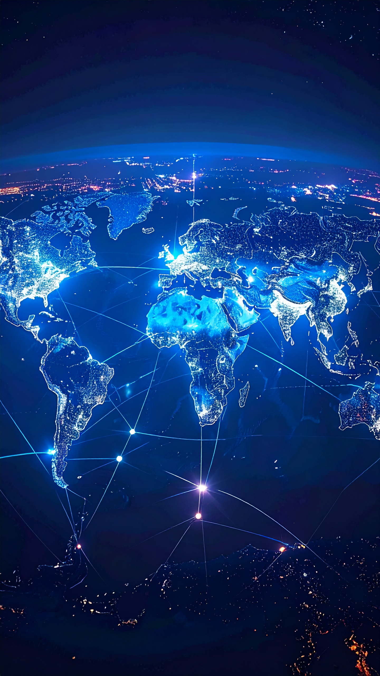 Imagem noturna da Terra vista do espaço, destacando continentes iluminados por luzes urbanas. Linhas de conectividade digital cruzam o globo, criando uma rede interligada. A iluminação em tons de azul e branco cria um efeito futurista e tecnológico. A composição enfatiza a vastidão do planeta e a interconexão global. O foco está nas áreas luminosas, com um contraste marcante entre escuridão e brilho.