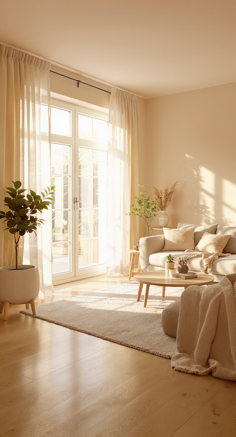 Sala de estar luminosa com móveis minimalistas em tons neutros, sofás confortáveis, mesa de centro redonda e plantas decorativas. Luz natural suave entra pelas janelas amplas com cortinas translúcidas, criando uma atmosfera acolhedora e tranquila. Piso de madeira clara e tapete texturizado complementam o design moderno e aconchegante.
