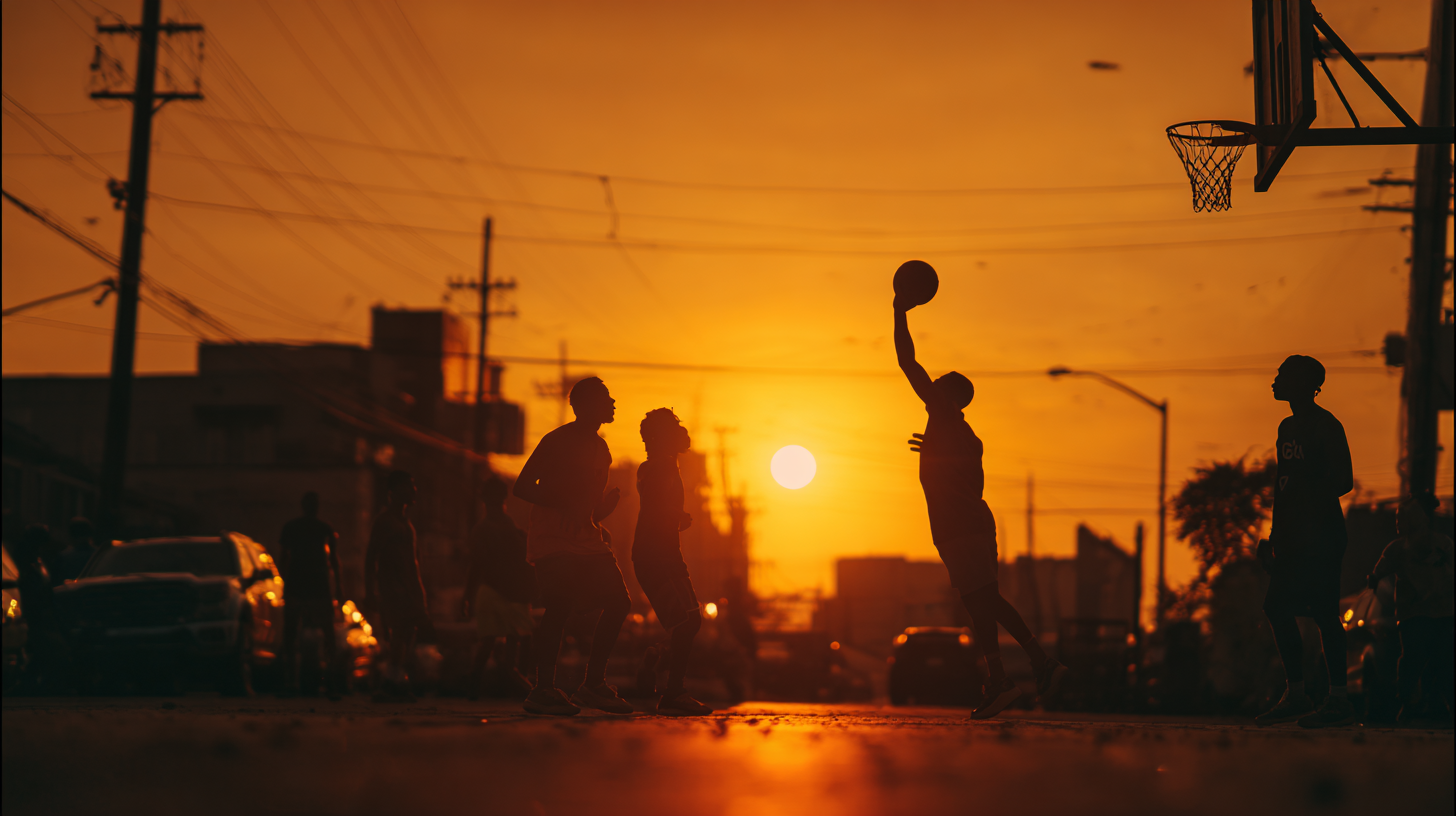 Silhuetas de jovens jogando basquete ao pôr do sol em uma rua urbana, com um jogador arremessando a bola em direção à cesta. A cena captura a energia e a camaradagem do jogo de basquete em um ambiente descontraído.