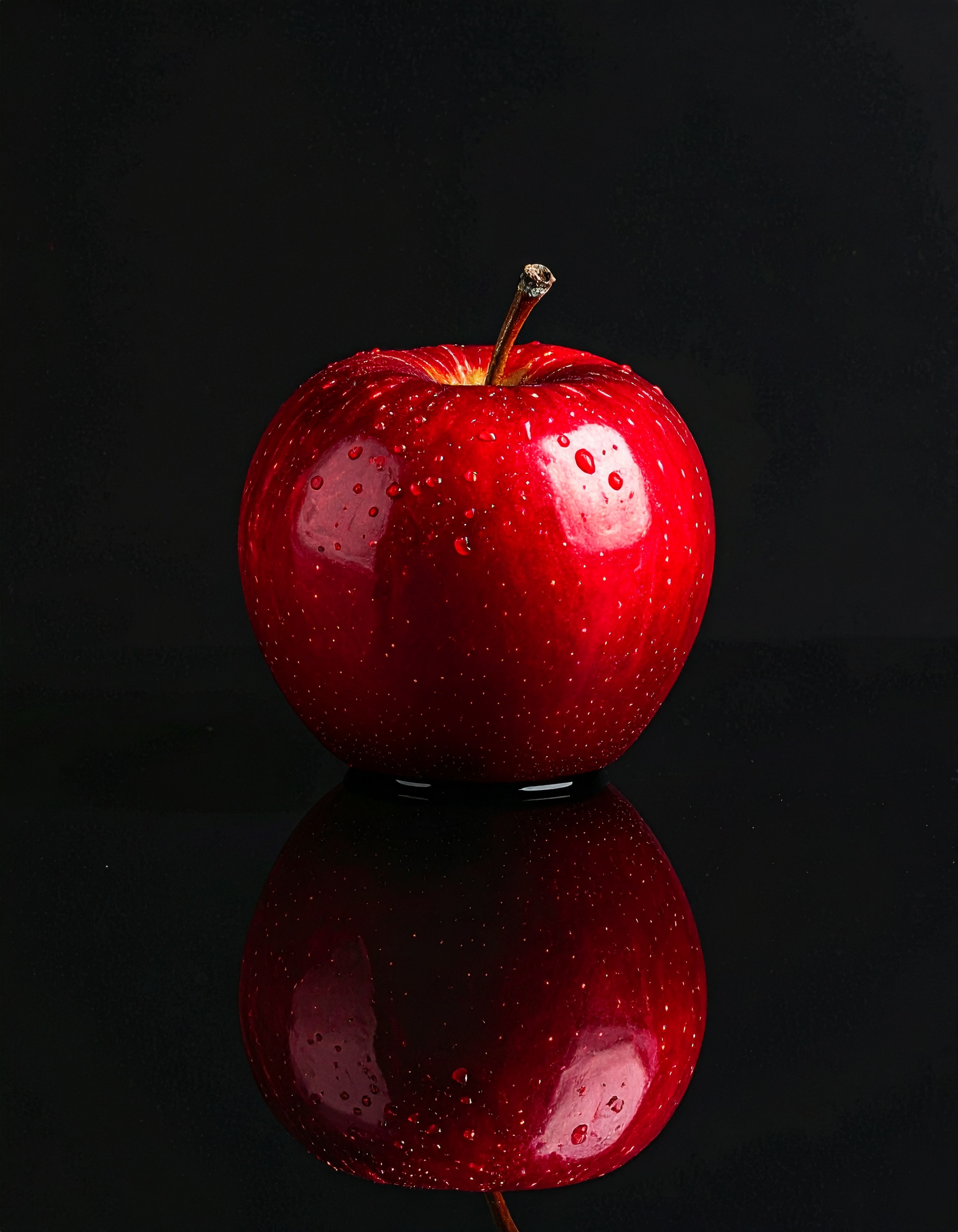 A vibrant red apple sits on a glossy black surface, showcasing its freshness and appeal