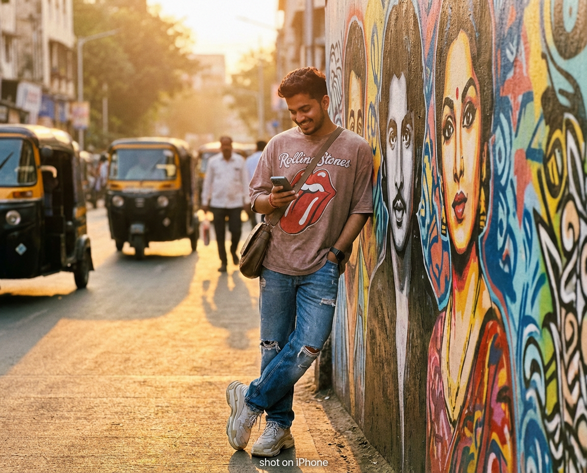 A young man casually leans against a vibrant mural in an urban street setting