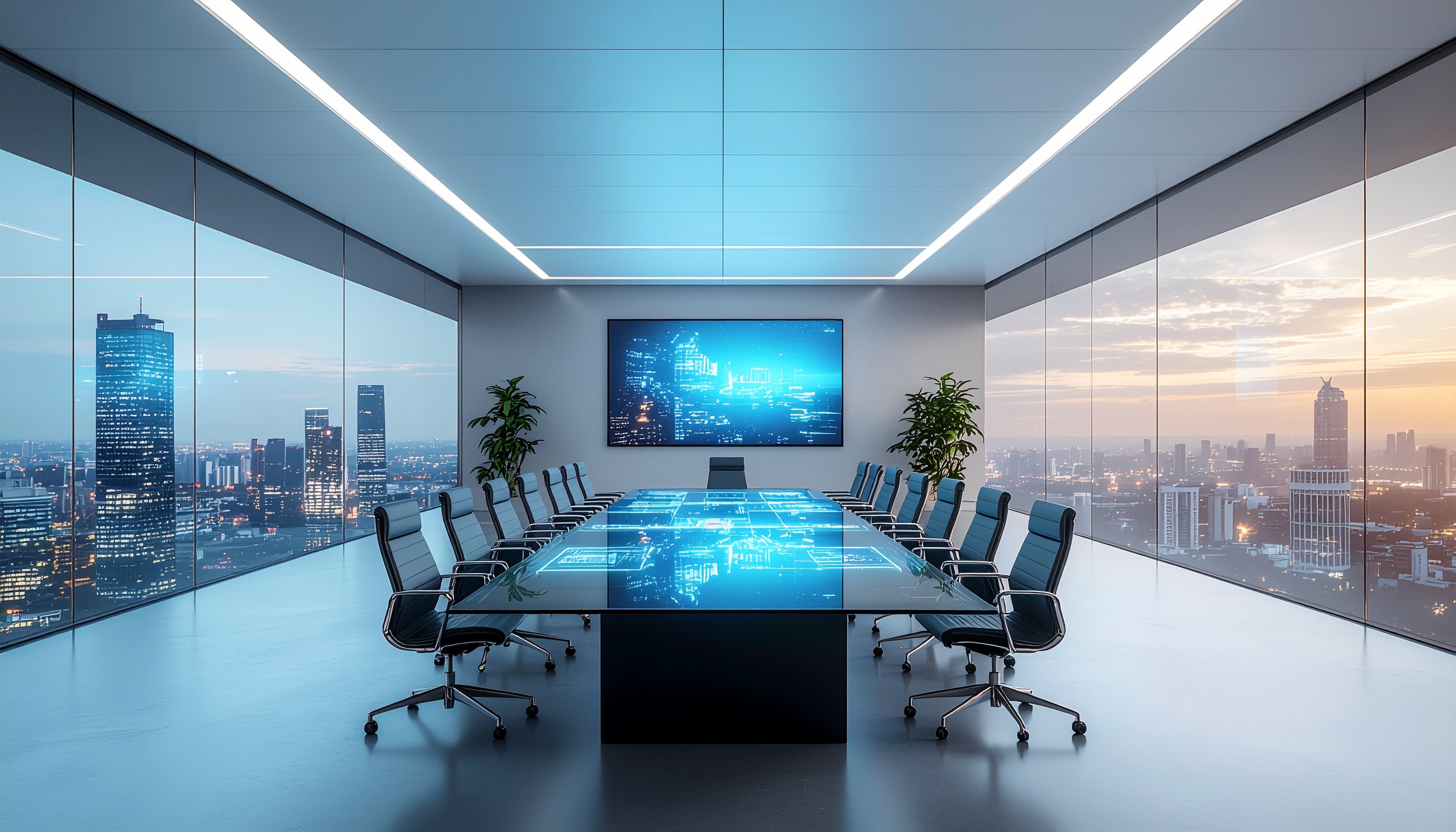 Sala de conferência moderna com mesa digital interativa iluminada em tons de azul, cercada por cadeiras executivas. As paredes de vidro oferecem vista panorâmica da cidade ao entardecer, criando um ambiente sofisticado e tecnológico. Iluminação embutida no teto realça o design minimalista.