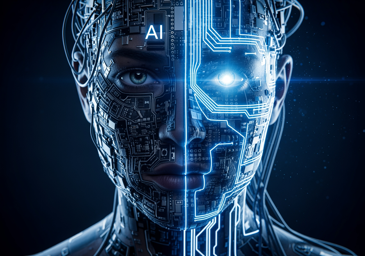 Futuristic Cyborg Portrait with Human and Robotic Features