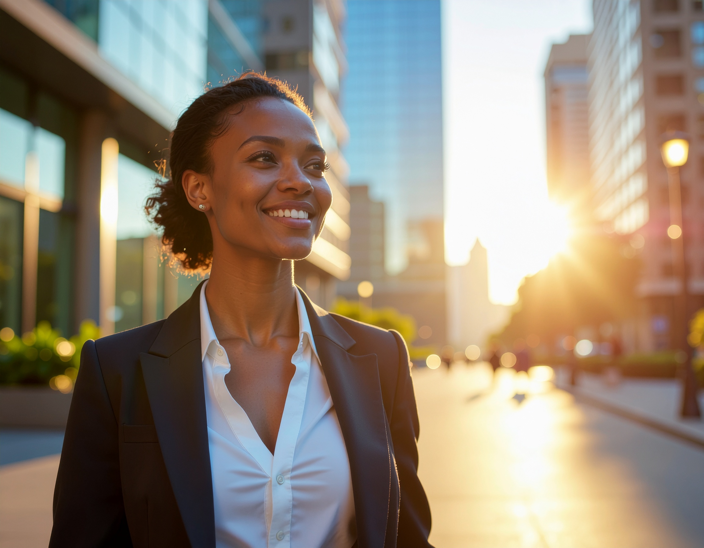 Mulher sorridente em traje formal caminha em ambiente urbano ao entardecer, com luz suave envolvendo a cena. Os edifícios modernos ao fundo refletem o sol, criando uma atmosfera calorosa e otimista. A composição destaca o rosto da mulher, com foco preciso e profundidade de campo que suaviza o entorno.