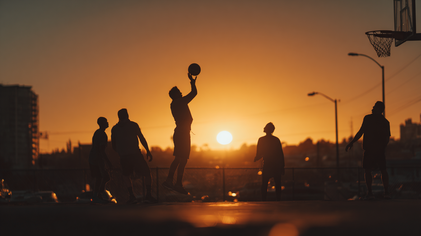A imagem retrata uma cena de um jogo de basquete ao pôr do sol, com várias silhuetas de jogadores em destaque. As cores dominantes incluem tons quentes de laranja e amarelo do céu ao entardecer, criando um contraste forte com as figuras escuras dos jogadores. A composição é dinâmica, com um jogador saltando para arremessar a bola, enquanto outros observam ao fundo. As linhas suaves do horizonte e as formas angulares do aro de basquete e dos edifícios completam a cena.