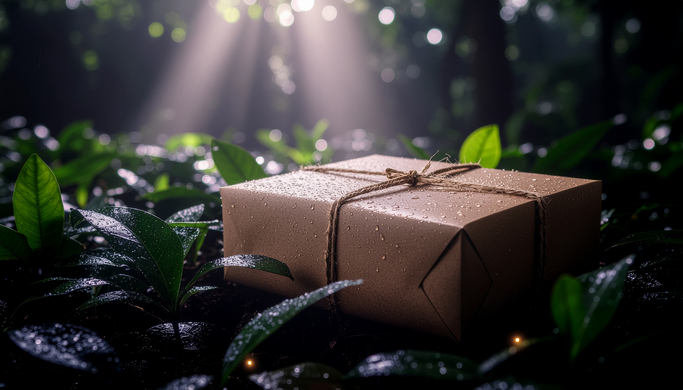 Brown Package with Rope in Serene Forest
