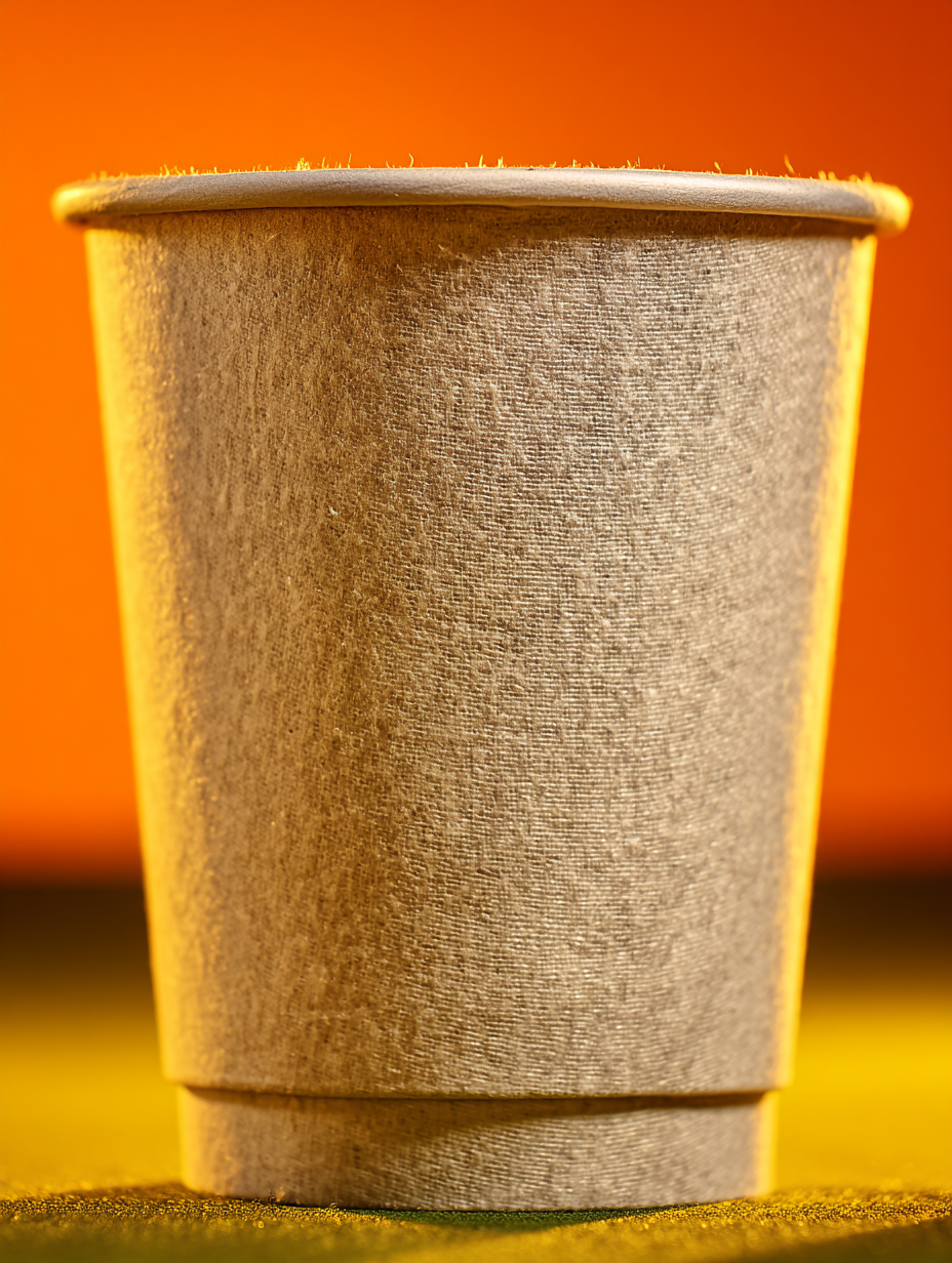 Um copo descartável de papelão em close-up, com textura visível e iluminação suave destacando suas fibras. O fundo laranja vibrante cria um contraste caloroso, enquanto o foco acentuado no copo confere uma sensação de simplicidade e sustentabilidade. A composição centralizada enfatiza o design funcional do objeto, com leve desfoque ao fundo para criar profundidade.