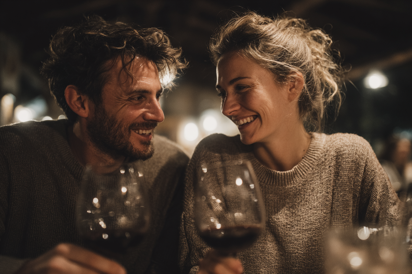 Casal sorridente compartilhando um momento íntimo em um jantar à luz de velas, segurando taças de vinho tinto em um ambiente aconchegante.