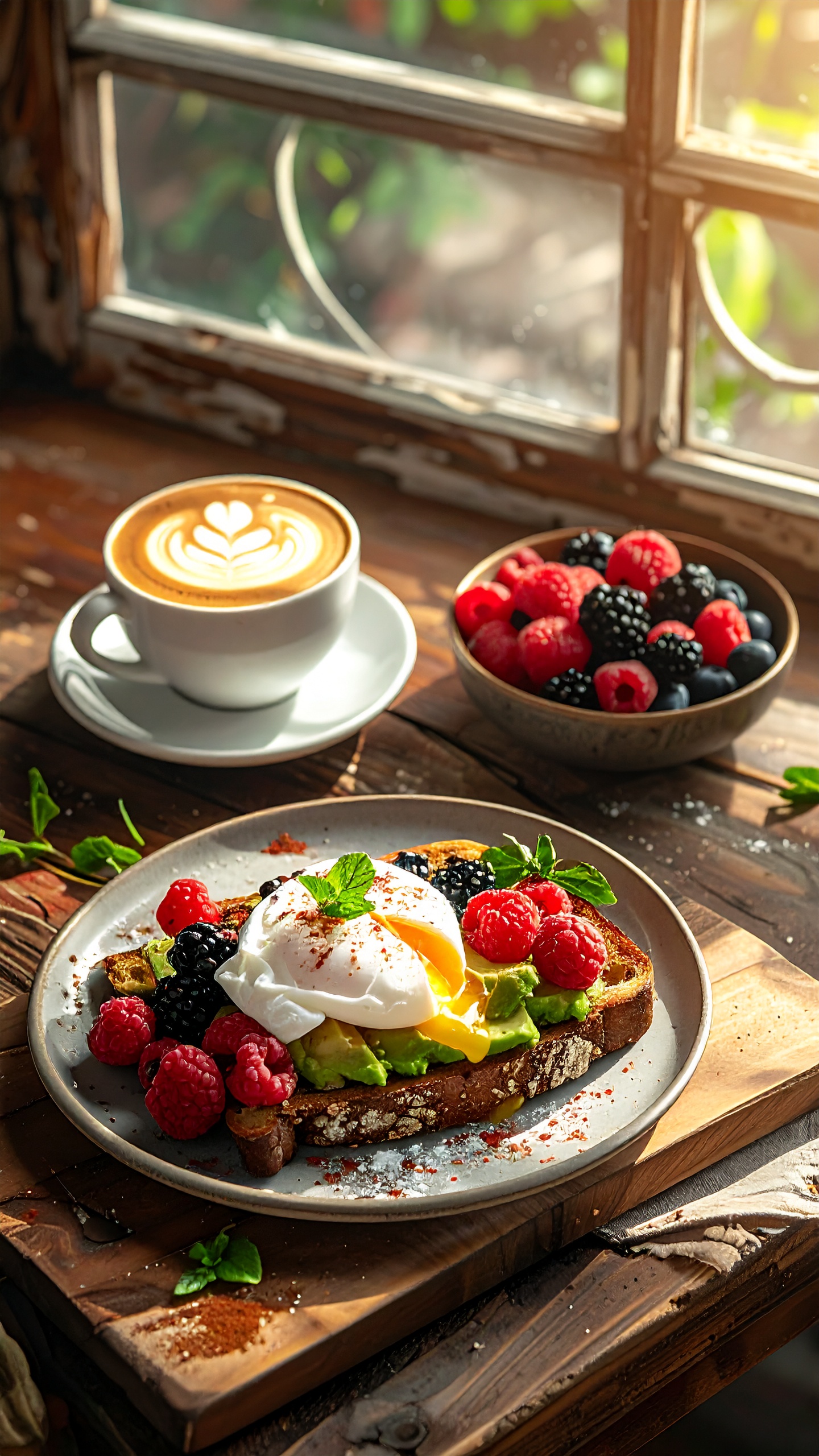 A vibrant breakfast scene with avocado toast and poached egg on a rustic wooden table