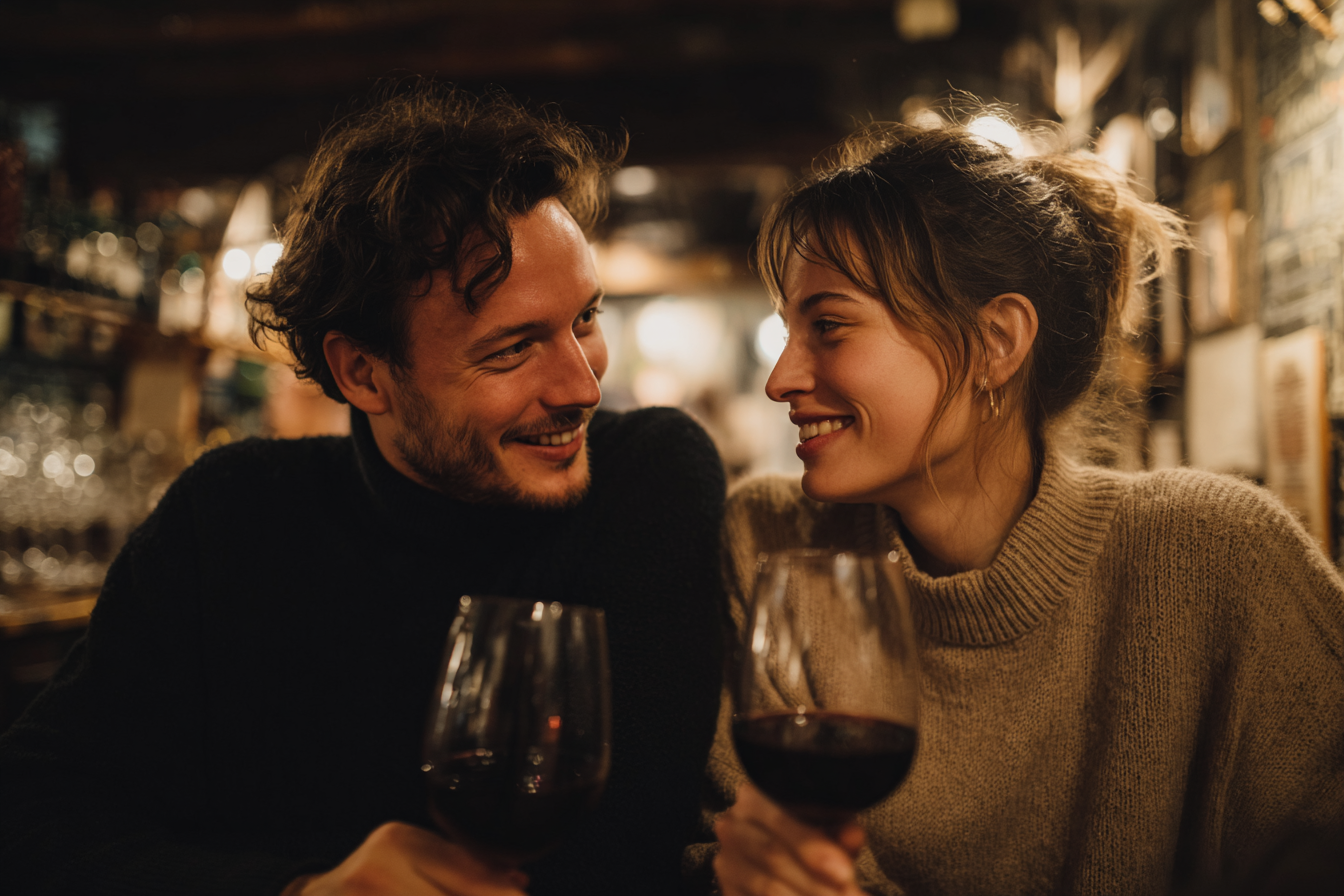 A imagem captura um momento íntimo entre um casal em um ambiente acolhedor. Eles estão sentados em uma mesa, segurando taças de vinho tinto, sorrindo e olhando um para o outro. As cores predominantes incluem tons quentes e terrosos, com um fundo suave que sugere um bar ou restaurante. A iluminação é suave, criando uma atmosfera romântica.