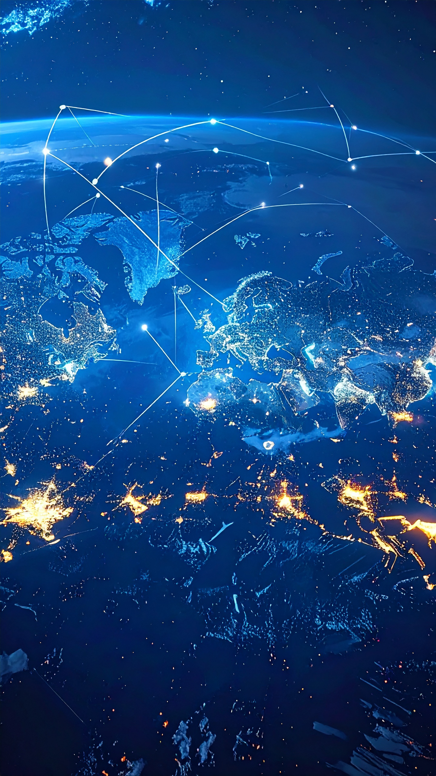 Imagem da Terra vista do espaço à noite, destacando continentes iluminados por luzes urbanas. Linhas e pontos brilhantes sugerem conectividade global e comunicação digital. Tons de azul e amarelo criam um contraste visual impressionante, refletindo tecnologia e modernidade. As linhas traçam caminhos através dos continentes, simbolizando redes de dados em um mapa estilizado de comunicação global.