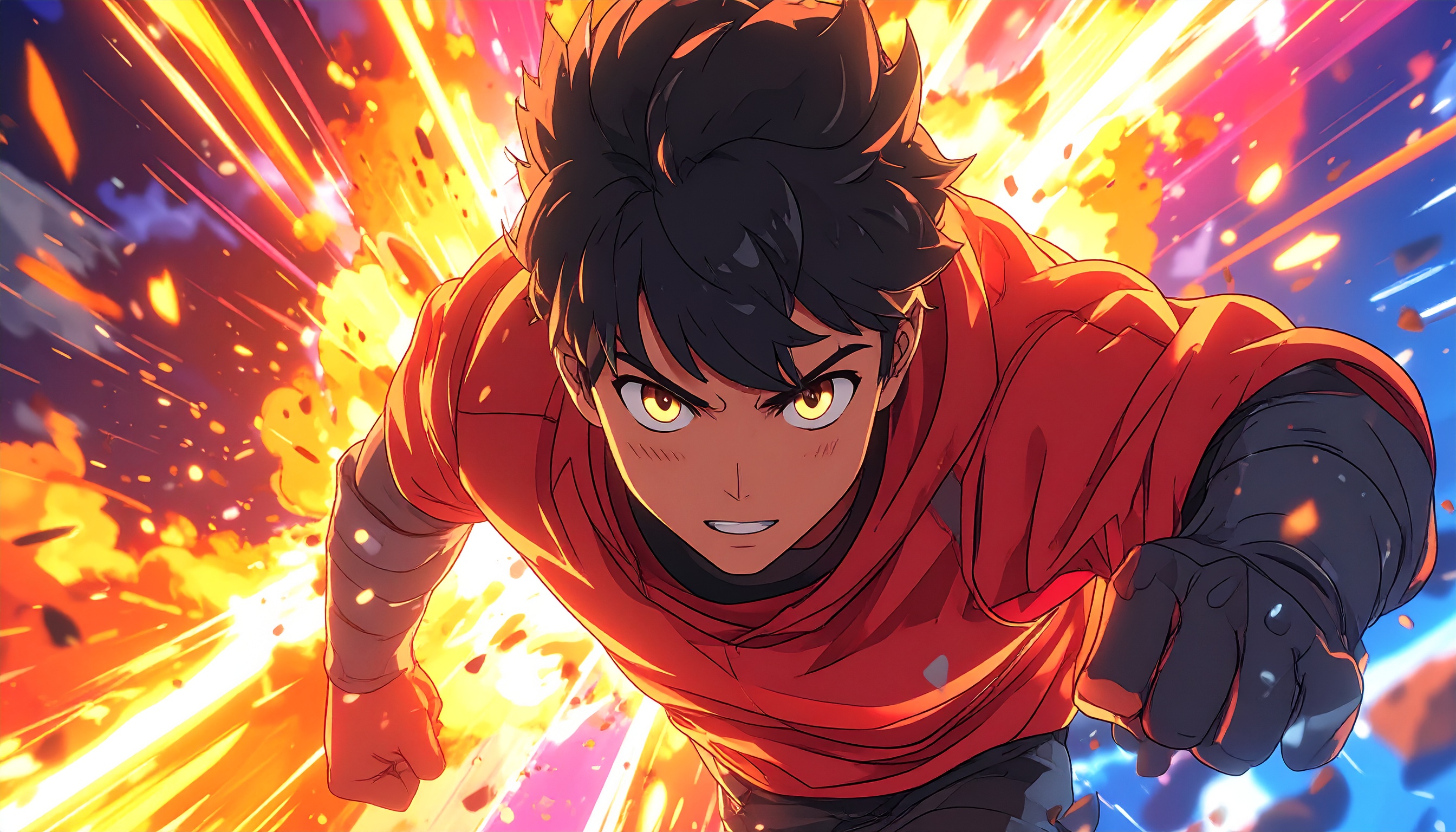 Dynamic anime character in vivid motion with explosive energy