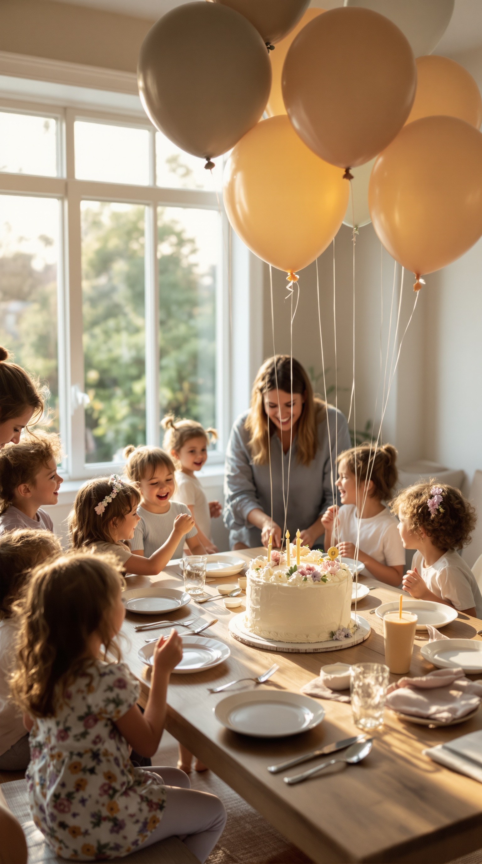A joyful children's birthday party scene captures a group of kids gathered around a table