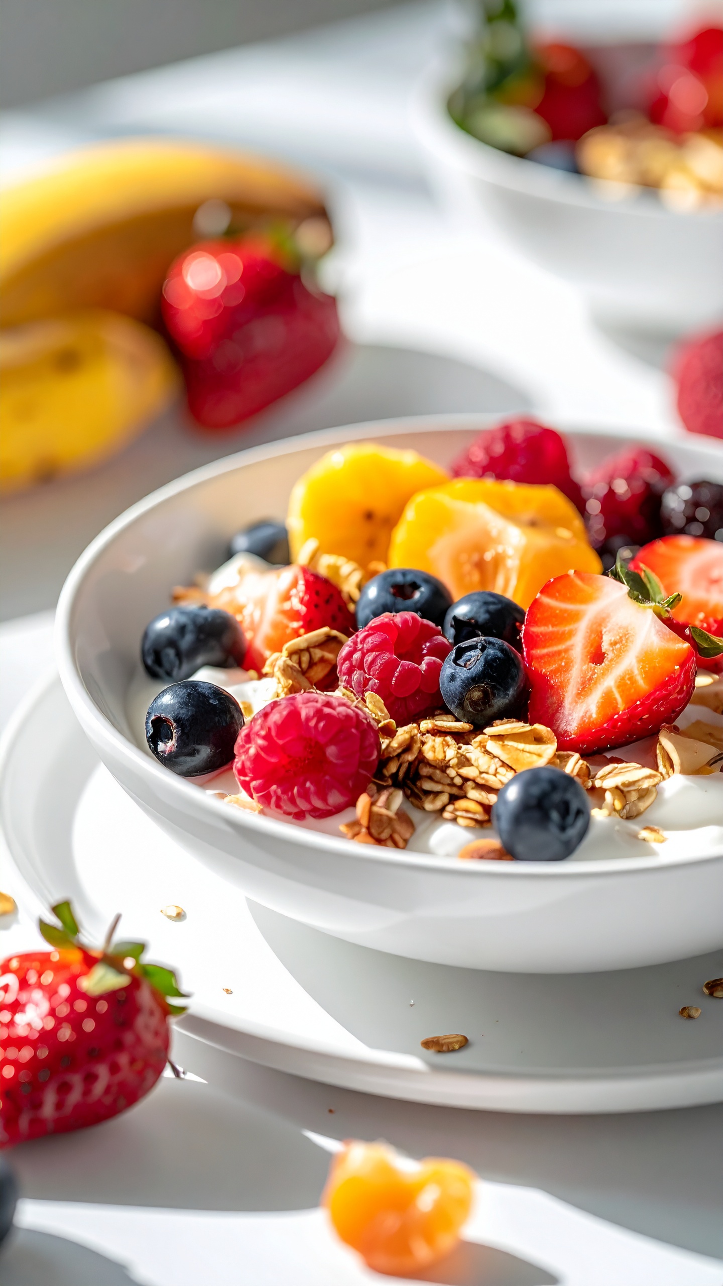 Tigela de iogurte decorada com frutas frescas como morangos, framboesas, mirtilos e fatias de banana, acompanhada por granola crocante. A iluminação natural realça as cores vibrantes, criando uma composição refrescante e apetitosamente saudável em um ambiente de café da manhã ensolarado.
