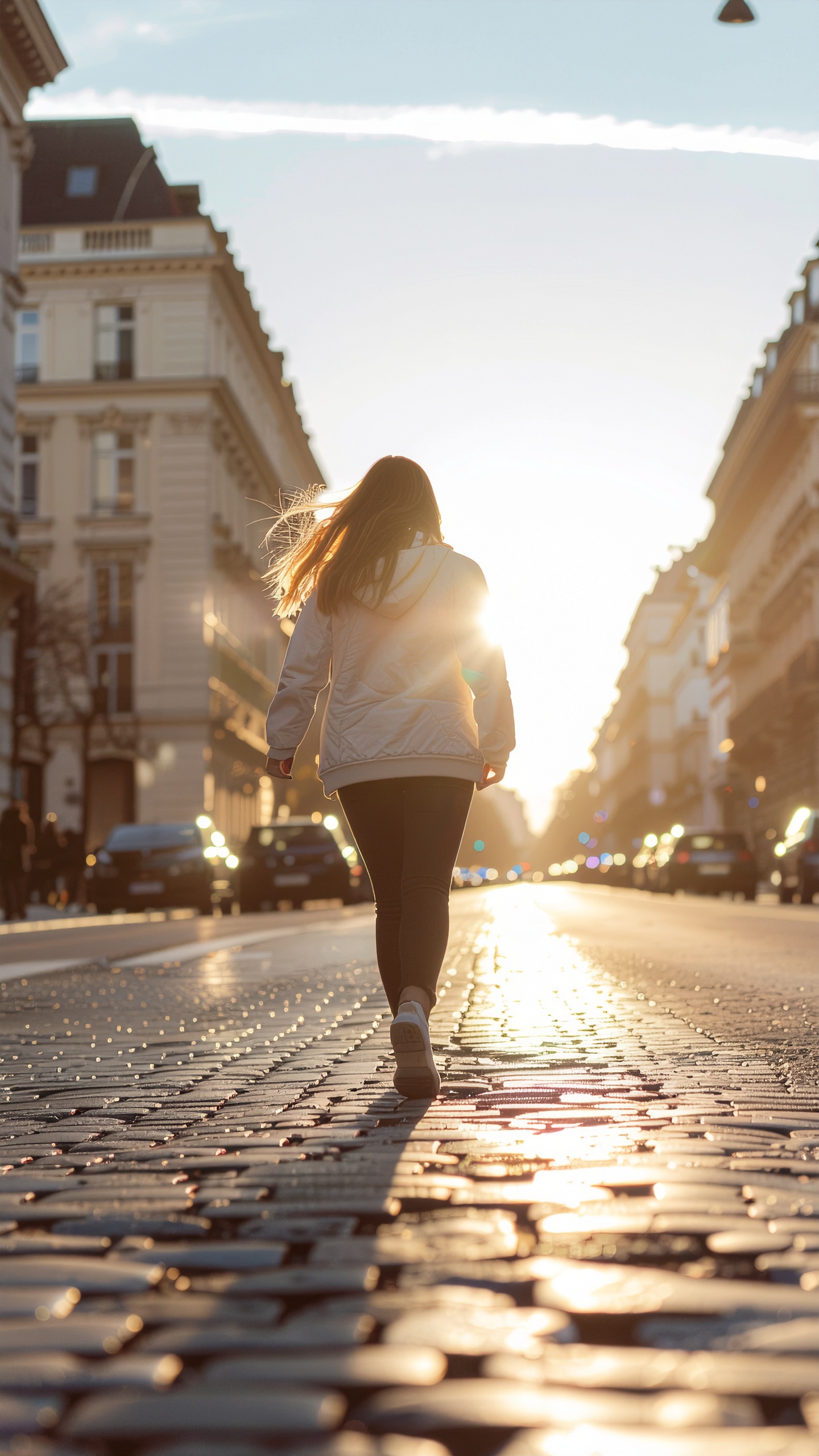Person Walking on a Paved Street at Sunset