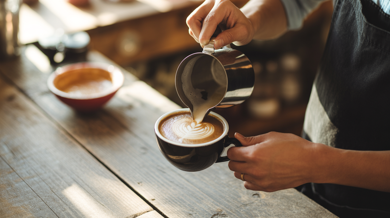 Barista Creating Latte Art in a Black Cup