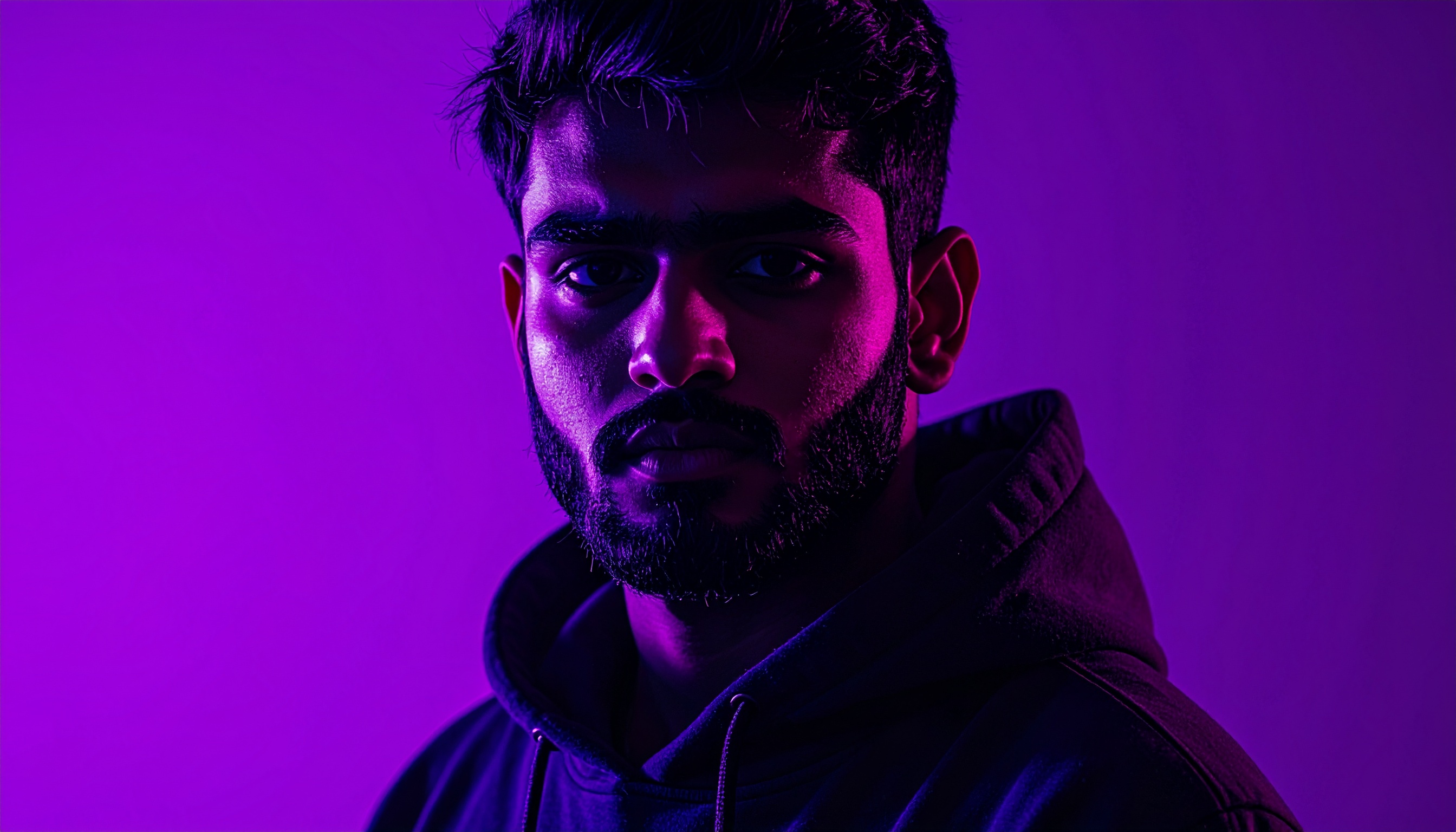 A man in a dark hoodie is dramatically lit with vibrant purple lighting