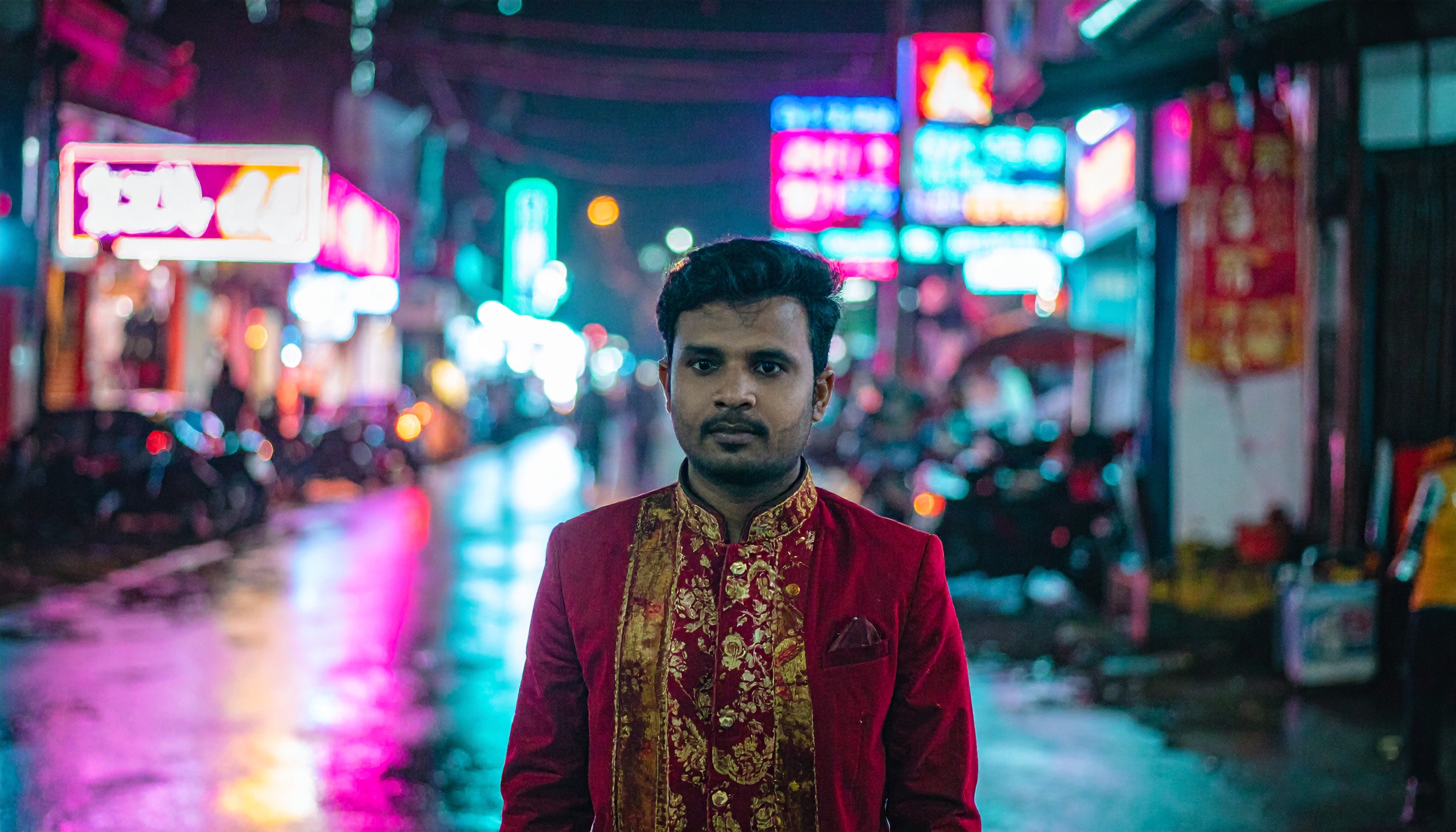 A man in a vibrant red traditional jacket stands in a bustling urban street illuminated