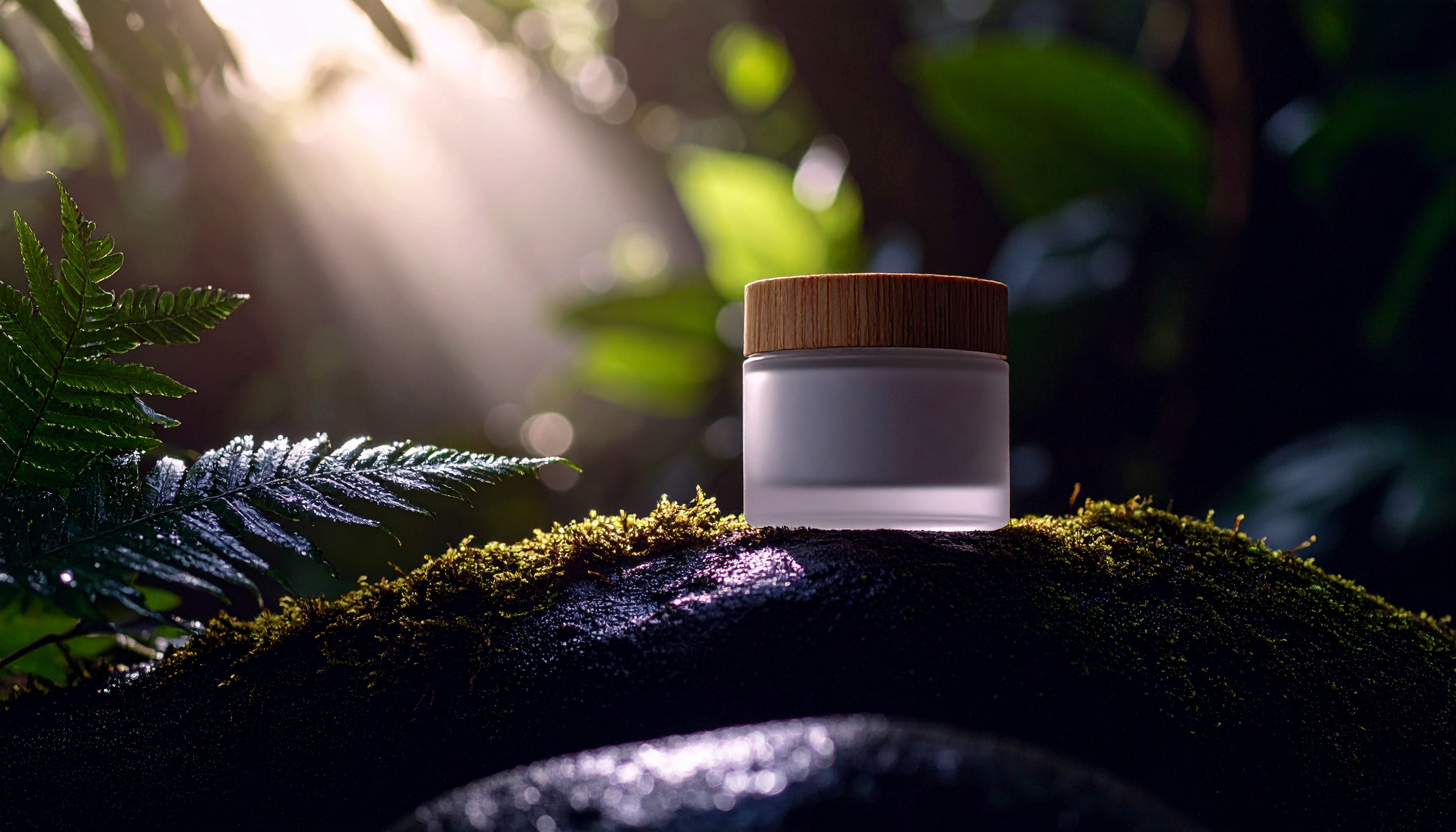 Pote de creme com tampa de madeira repousa em tronco coberto de musgo, cercado por folhagens verdes. Luz suave penetra pela vegetação, criando um efeito de iluminação natural que destaca o produto em um ambiente de floresta. A composição transmite uma sensação de frescor e conexão com a natureza.