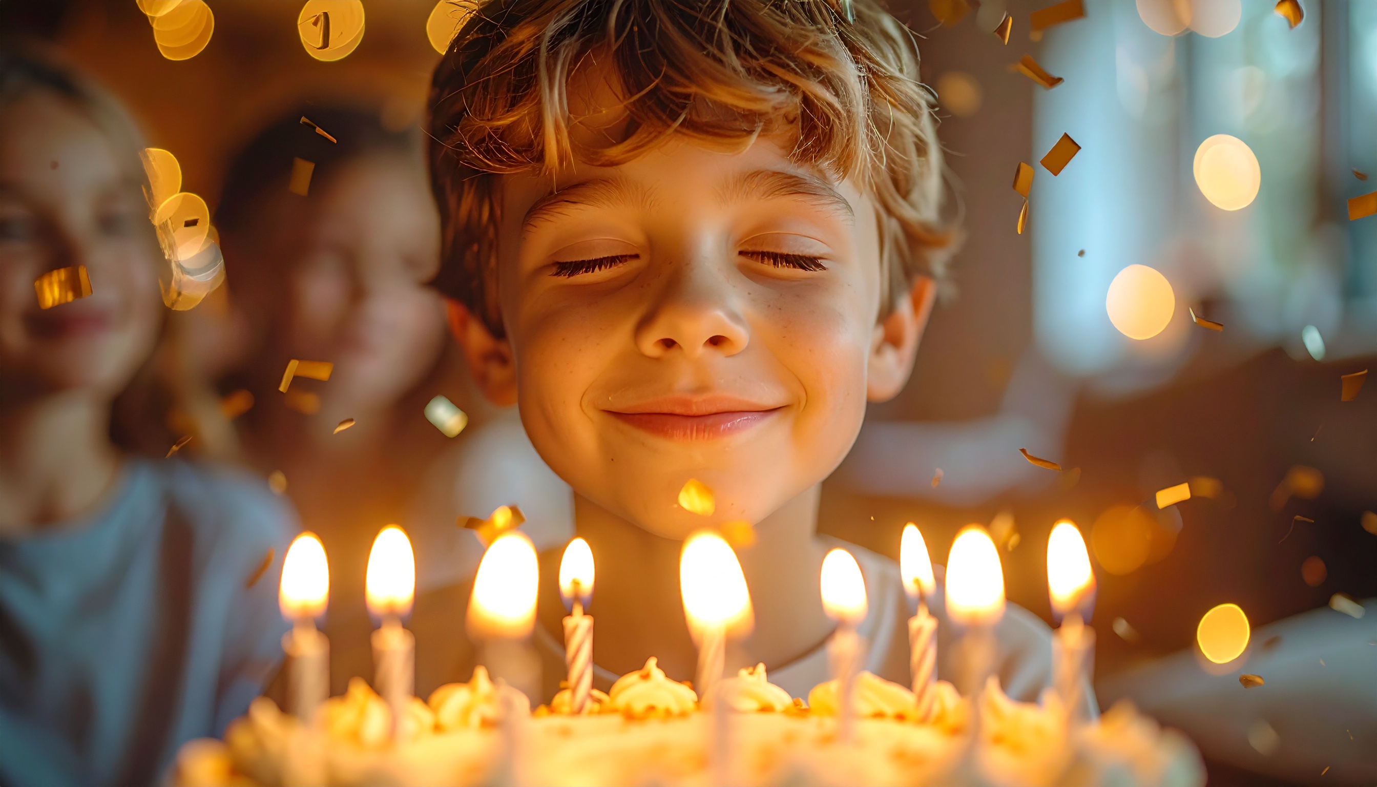 Menino sorridente fecha os olhos diante de um bolo de aniversário iluminado por velas, em um ambiente festivo com confetes dourados flutuando ao redor, transmitindo alegria e celebração.