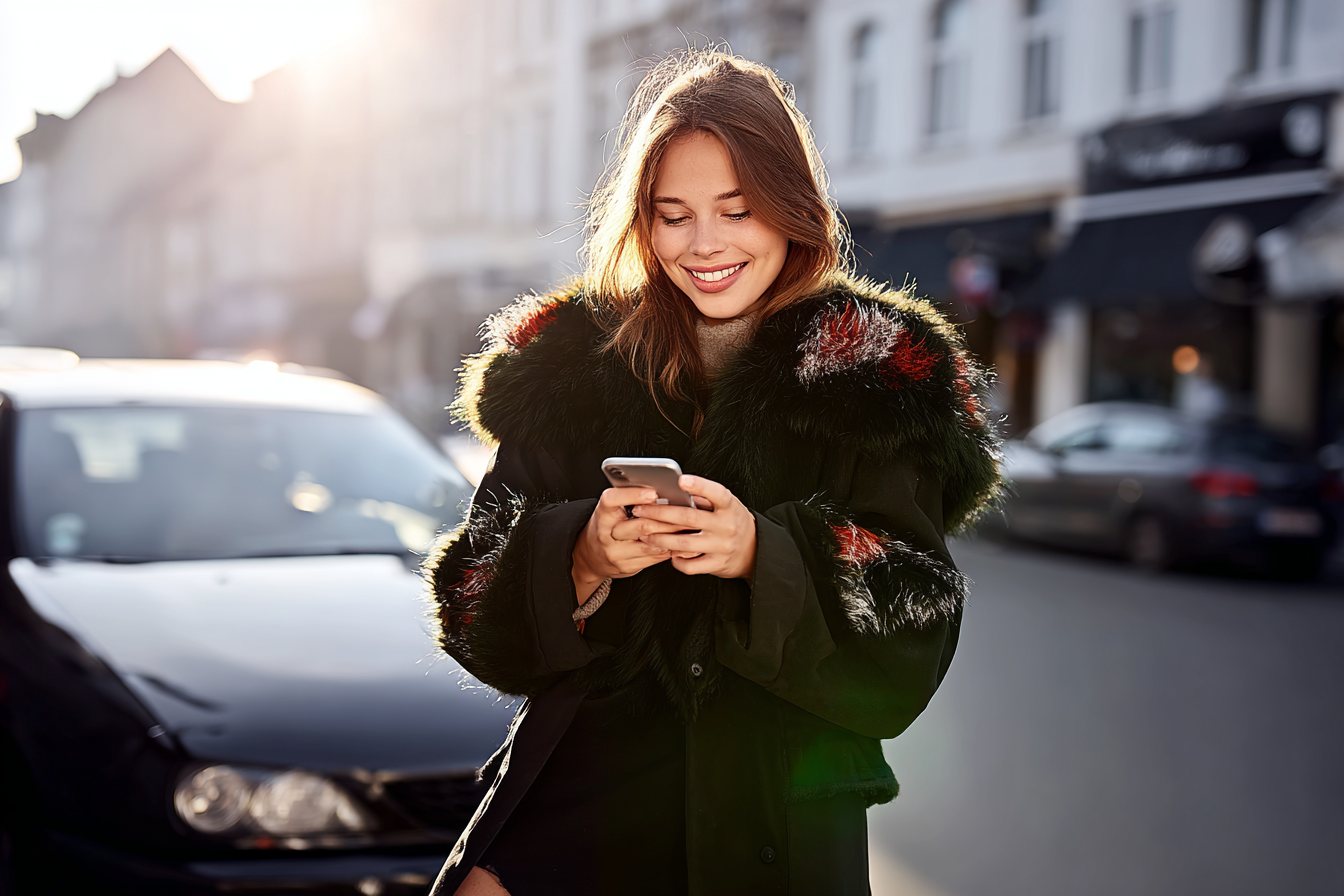 Mulher sorridente usando casaco de pele segura um smartphone enquanto caminha em uma rua urbana ensolarada. A iluminação de contraluz cria um efeito suave e caloroso, destacando seus cabelos. A presença de carros estacionados e prédios ao fundo compõe uma cena moderna e casual, com foco nítido na figura central.