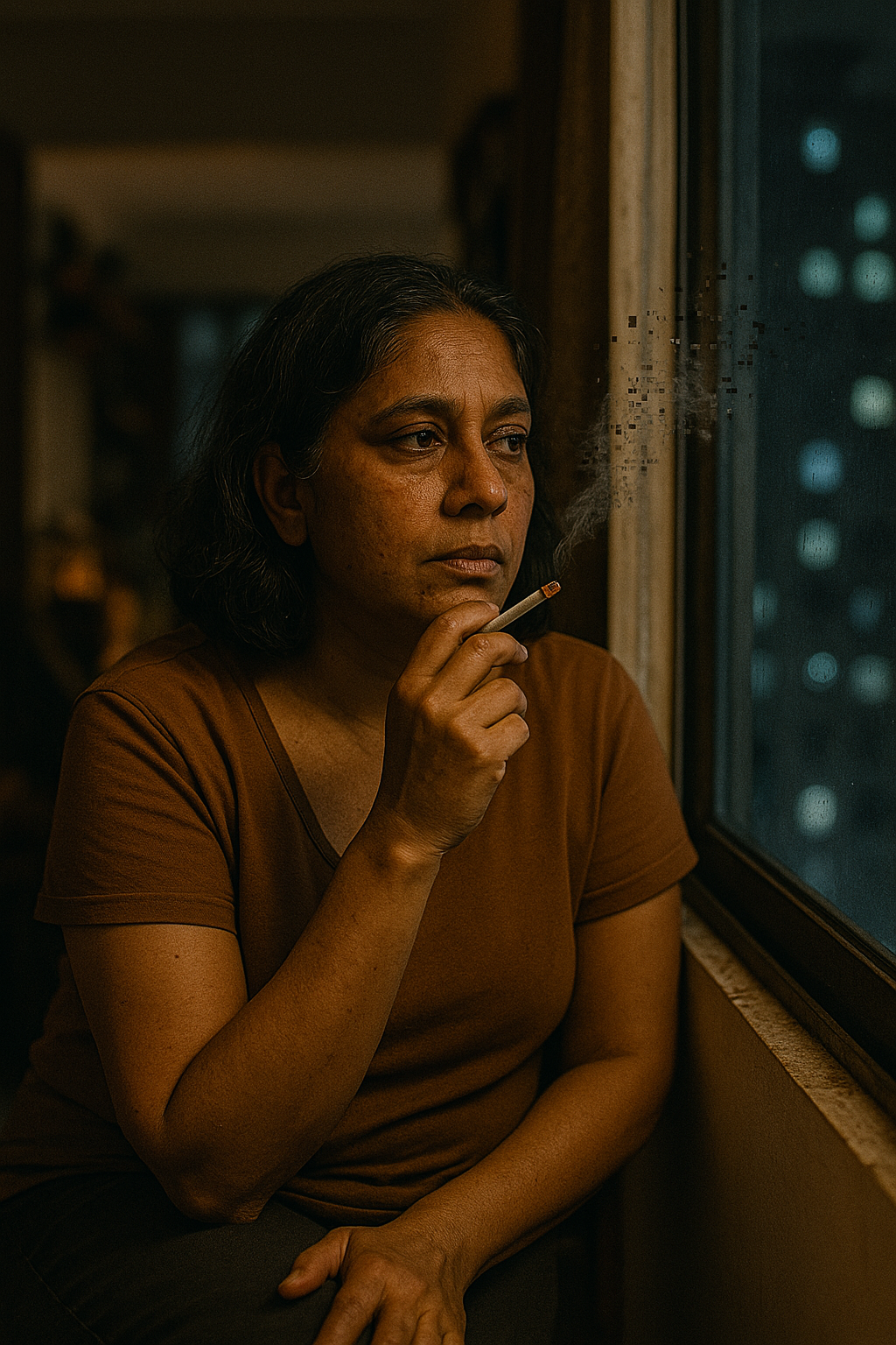 A contemplative woman sits by a window, holding a cigarette