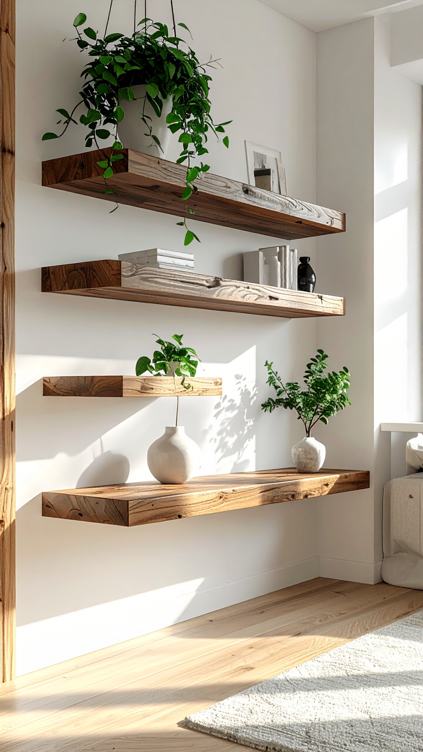 Estante de madeira flutuante em uma sala iluminada por luz natural, com plantas verdes em vasos brancos e livros em arranjo minimalista. A composição é equilibrada com iluminação suave destacando a textura da madeira e as sombras das plantas. O ambiente é acolhedor e moderno, refletindo um estilo de design de interiores contemporâneo.