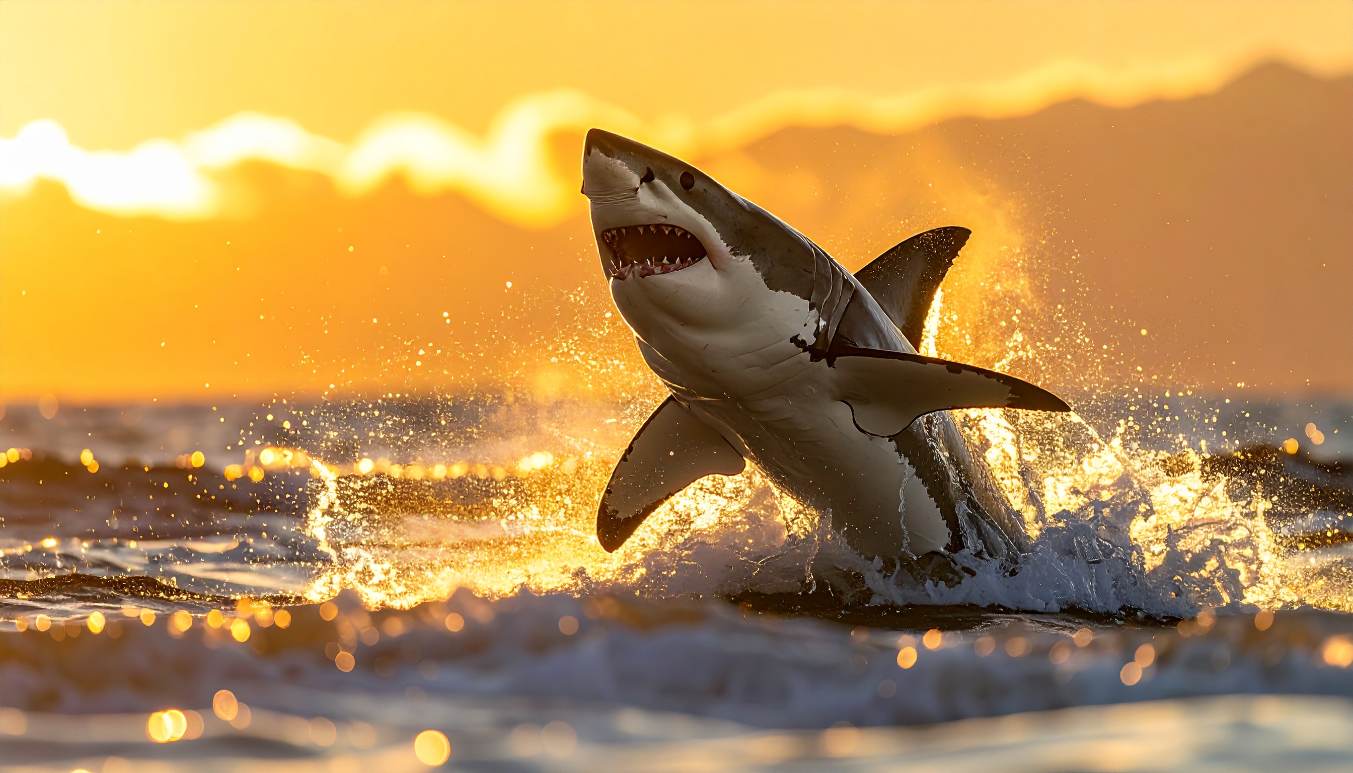 A great white shark leaps majestically from the ocean at sunset