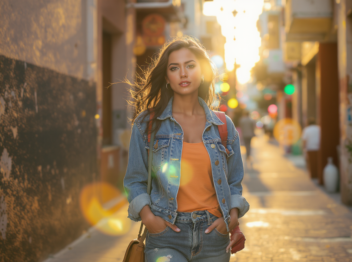 Jovem mulher caminhando em rua iluminada por luz dourada do pôr do sol, vestindo jaqueta jeans e camiseta laranja. Composição equilibrada com foco suave, capturando efeito bokeh colorido ao fundo, criando atmosfera calorosa e vibrante.