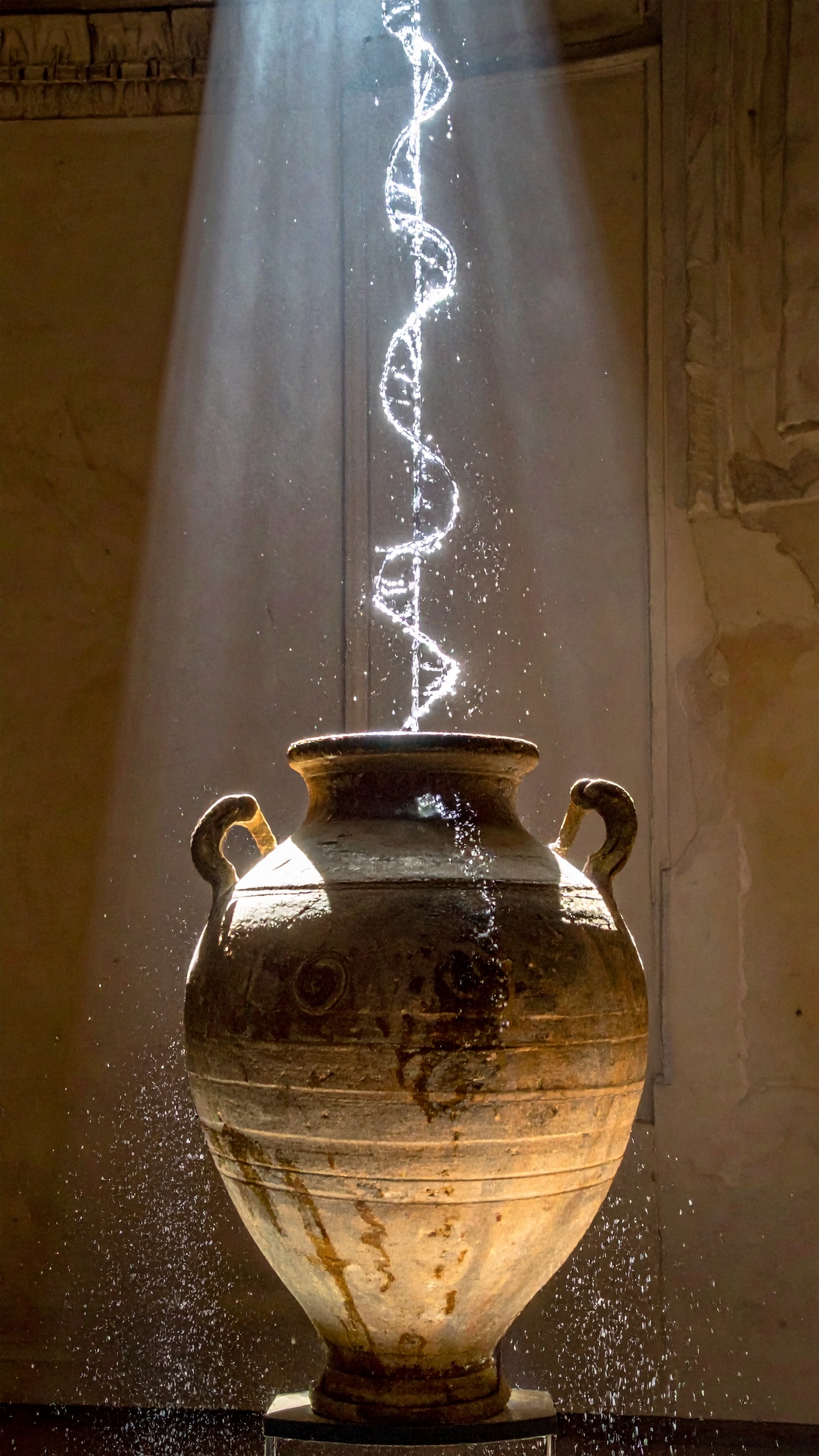An ancient clay urn stands in a dimly lit room, illuminated by a beam of light