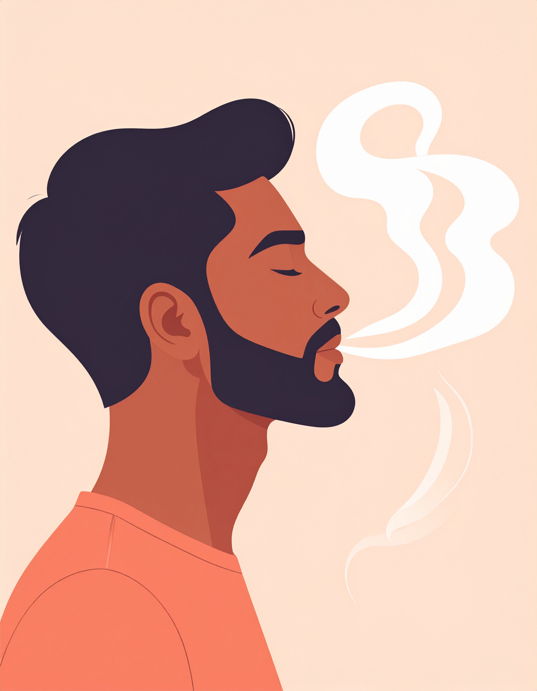 A stylized illustration depicts a man with closed eyes exhaling smoke